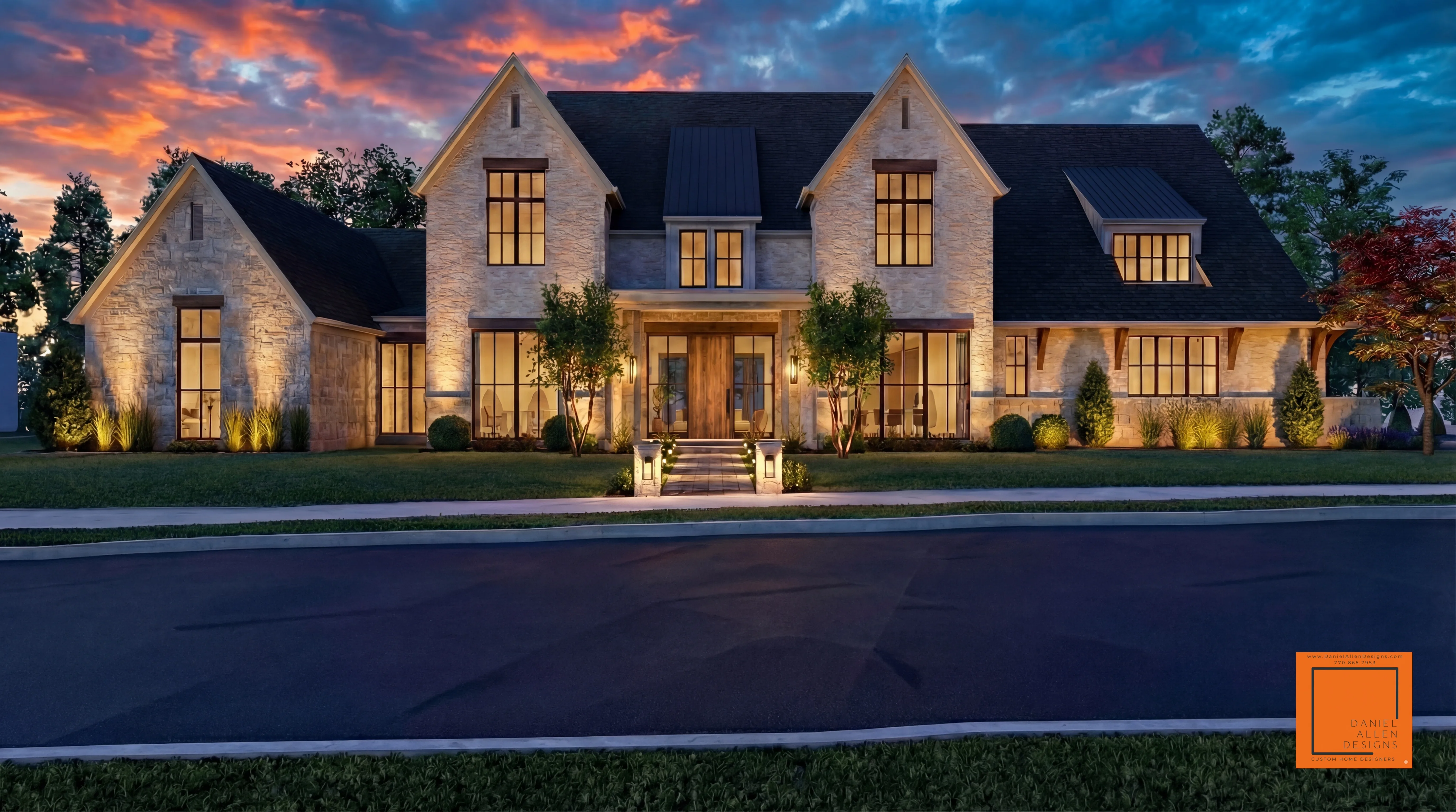 Alpharetta transitional home front elevation by Daniel Allen Designs
