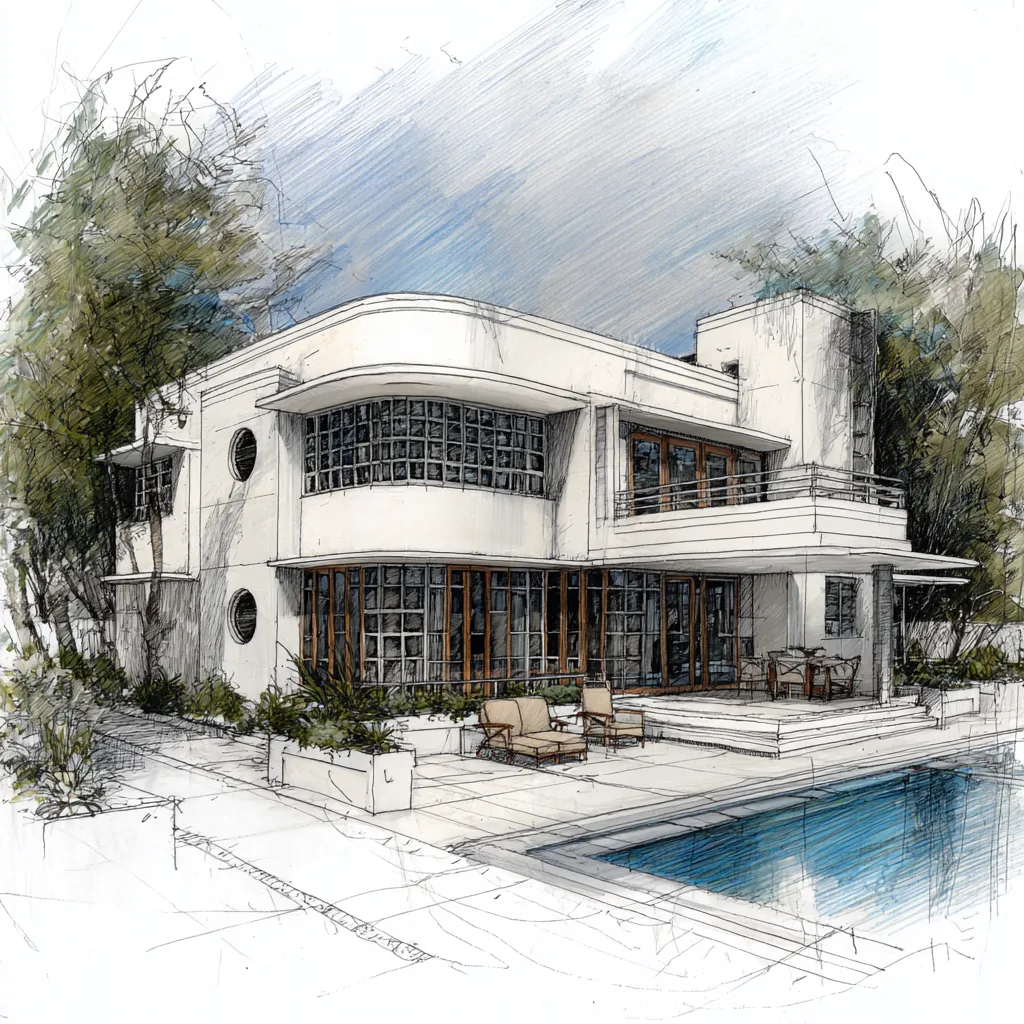 Concept study of a Daniel Allen Designs contemporary interpretation of a 1930s Art Deco custom home in Buckhead, Georgia — curved glass-block bay, warm wood window frames, and roof terrace