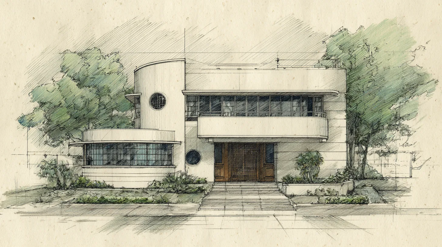 Colored-pencil concept study of a Daniel Allen Designs Art Deco custom home in Buckhead, Georgia — curved solarium bay, cantilevered balcony, and wood double entry