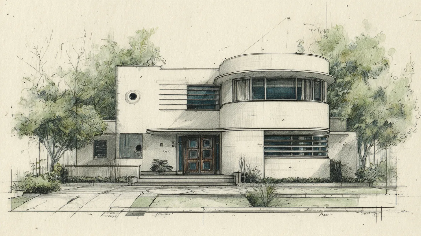 Colored-pencil concept study of a Daniel Allen Designs Art Deco custom home in Buckhead, Georgia — curved drum tower, speed lines, and louvered window band