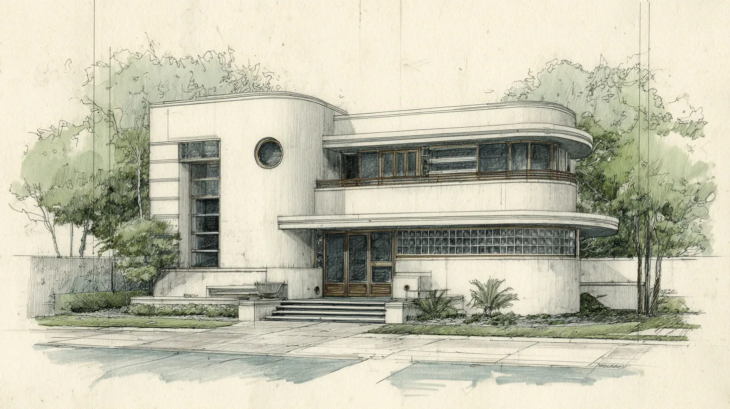 Colored-pencil concept study of a Daniel Allen Designs Art Deco custom home in Buckhead, Georgia — glass block band, curved wings, and porthole window