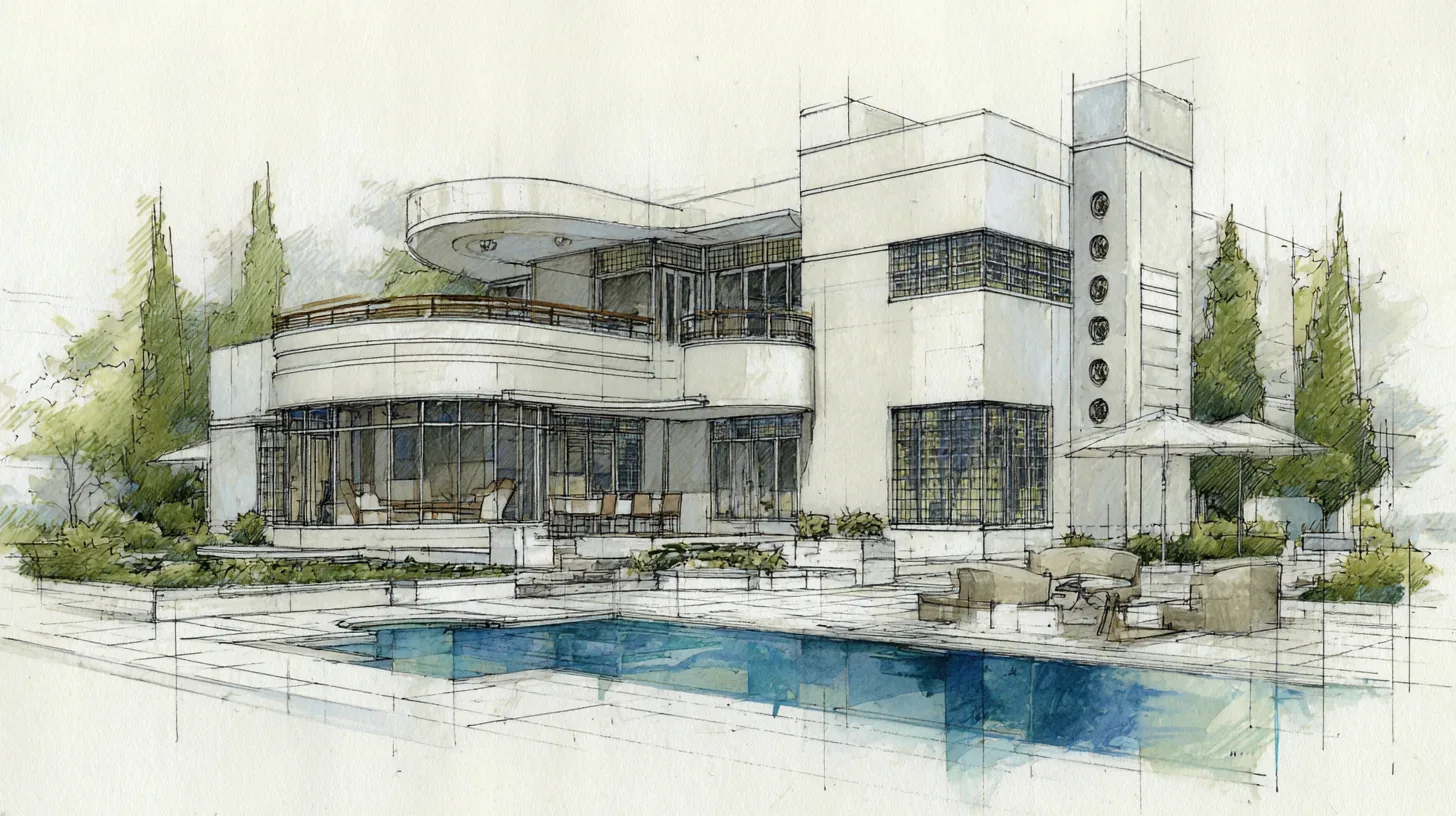Colored-pencil concept study of a Daniel Allen Designs Art Deco custom home in Buckhead, Georgia — porthole tower column, curved balcony, and pool terrace