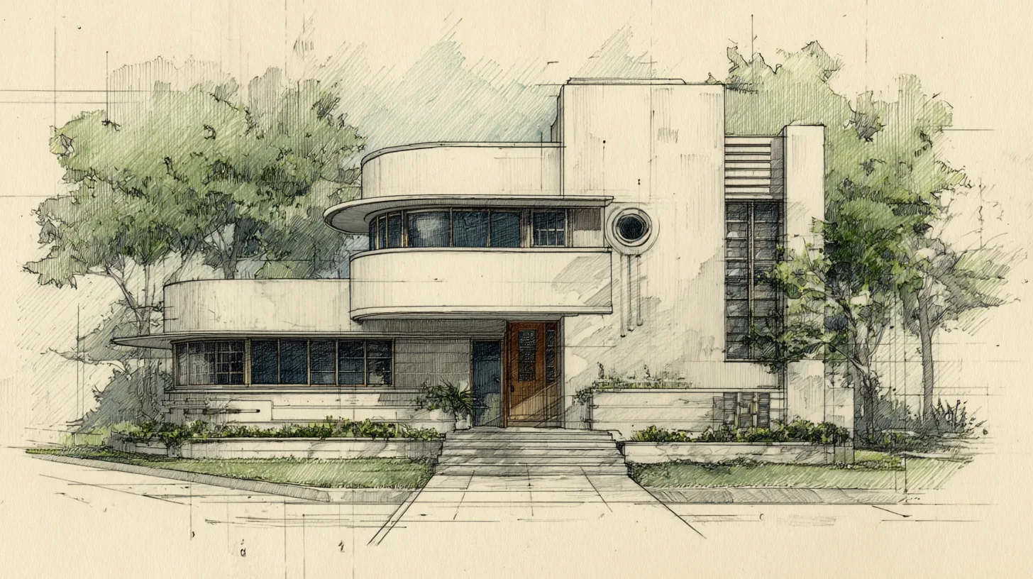 Colored-pencil concept study of a Daniel Allen Designs Art Deco custom home in Buckhead, Georgia — stepped parapets, porthole window, and louvered vertical fin