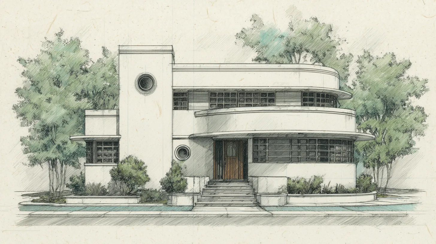 Colored-pencil concept study of a Daniel Allen Designs Art Deco custom home in Buckhead, Georgia — curved stucco wings, porthole tower, and glass block window bands