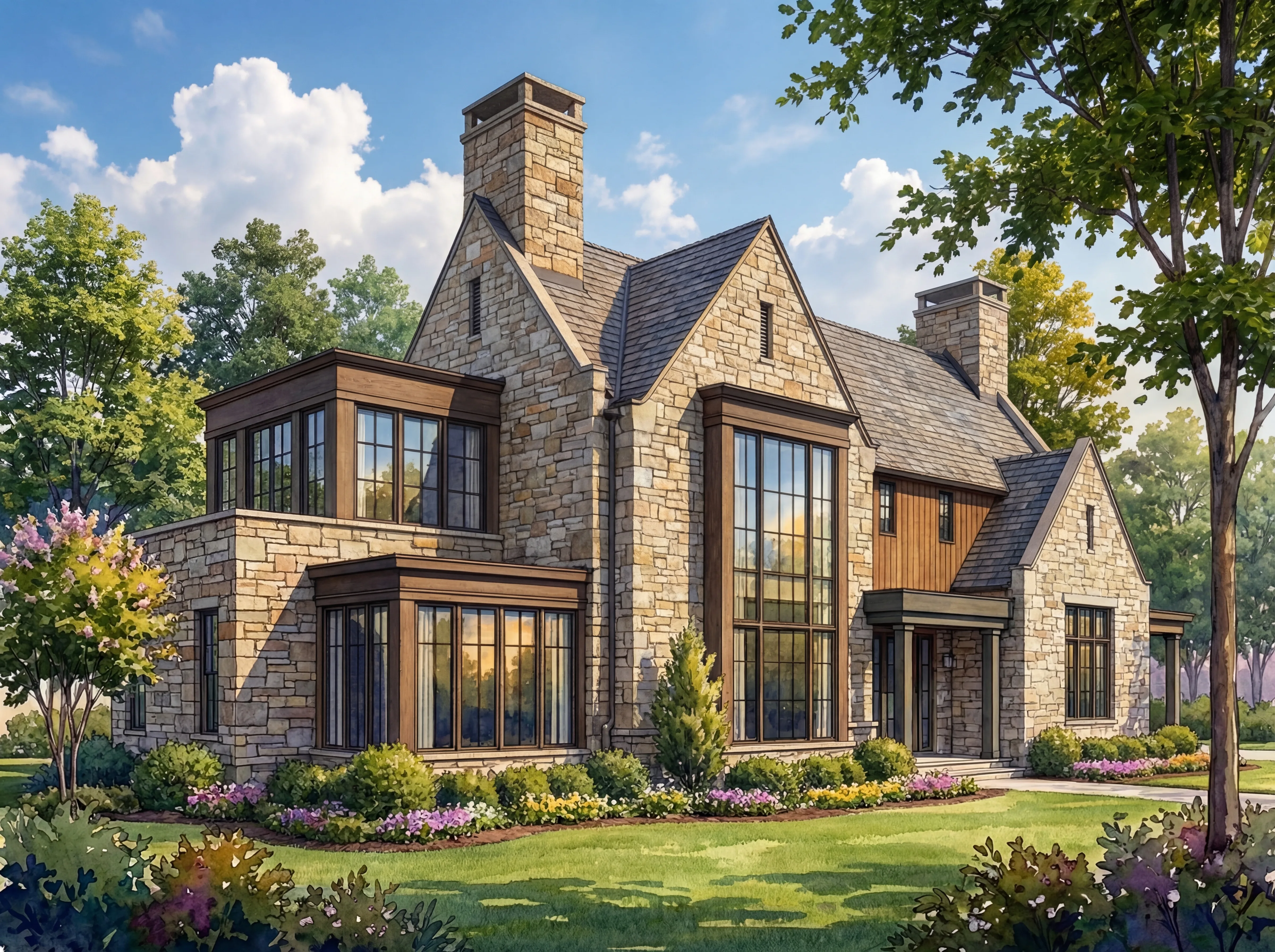 Luxury custom home exterior featuring modern transitional stone facade