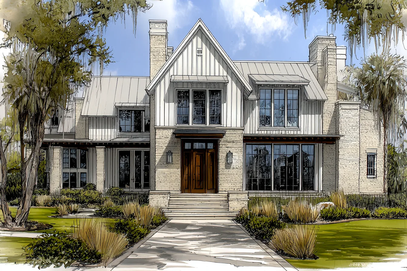 Concept study of a Daniel Allen Designs coastal custom home in Alpharetta, Georgia — limewashed brick, board-and-batten gables, twin chimneys, and a live oak draped in Spanish moss