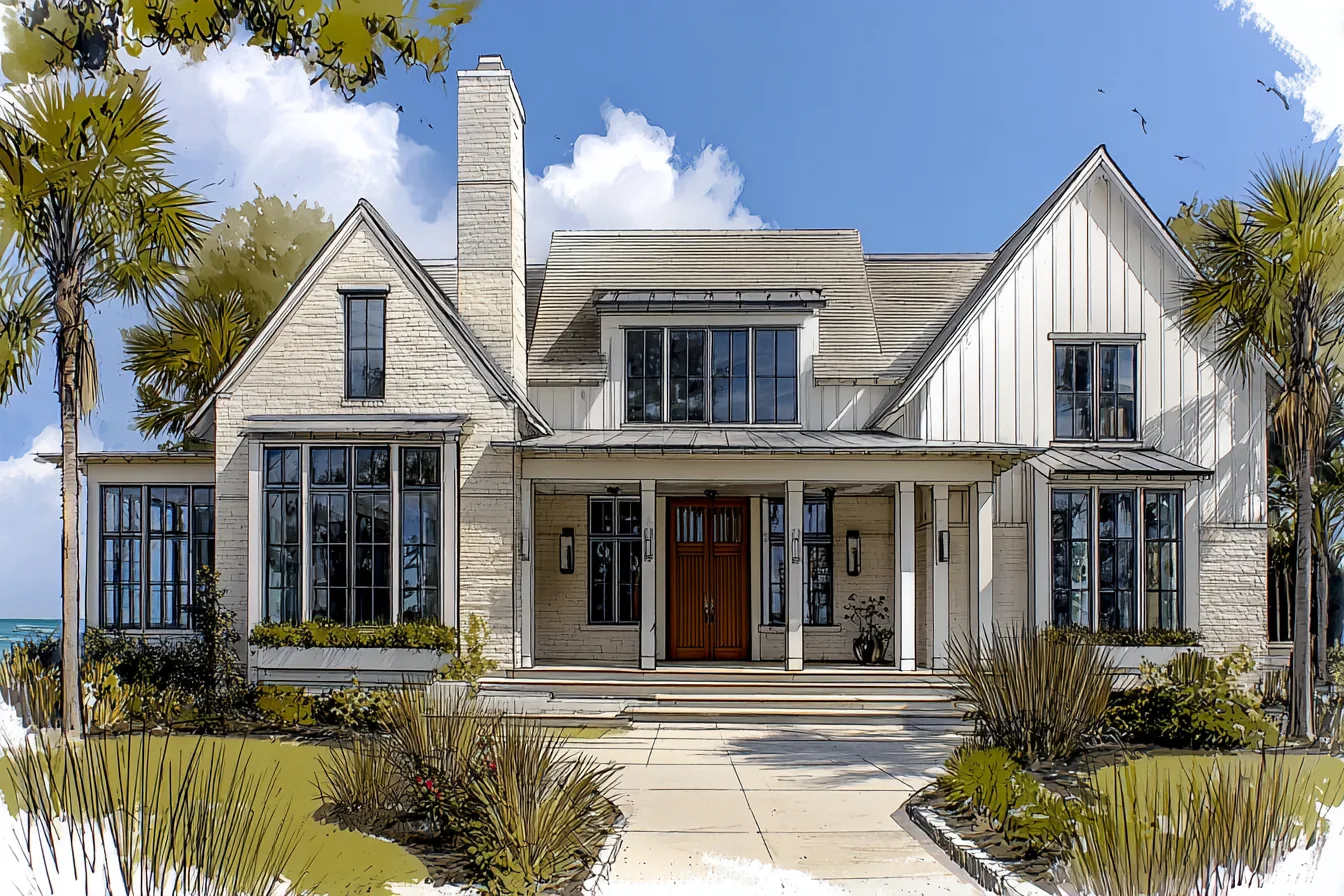 Concept study of a Daniel Allen Designs coastal custom home in Alpharetta, Georgia — louvered wood double door, slim white porch columns, and lanterns
