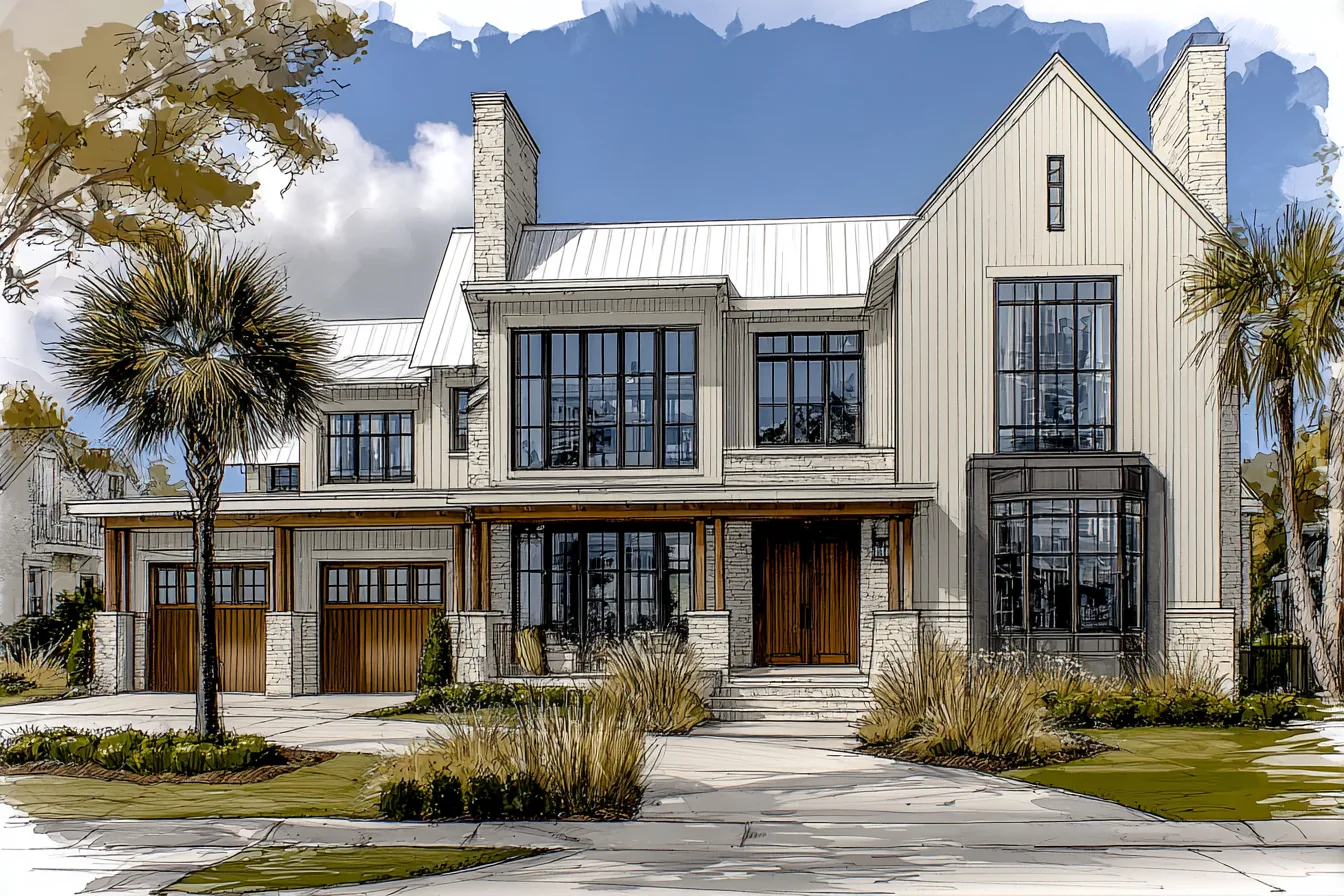 Concept study of a Daniel Allen Designs coastal custom home in Alpharetta, Georgia — stacked-stone chimneys, timber porch posts, wood garage doors, and black-framed glazing under a metal roof