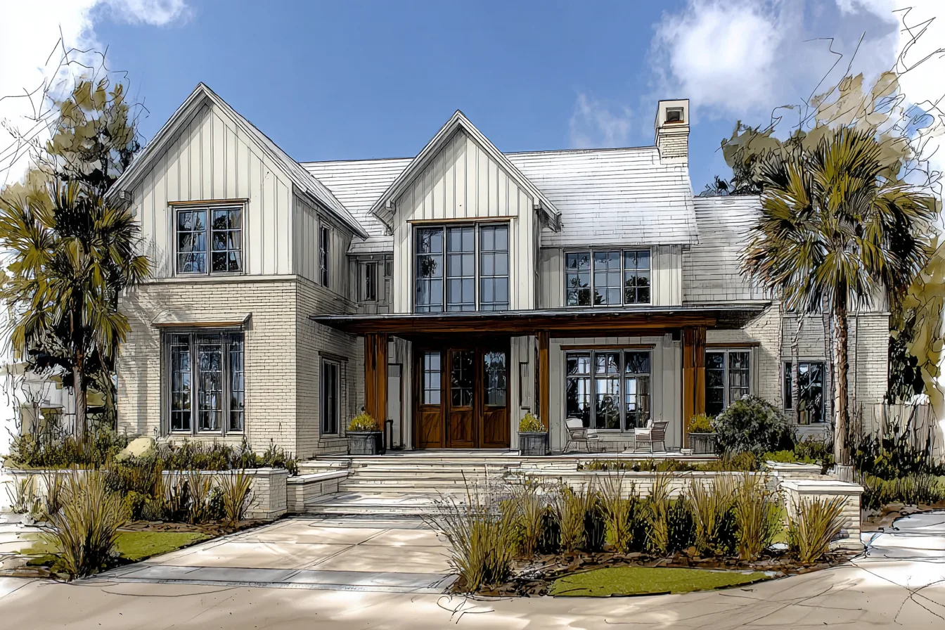 Concept study of a Daniel Allen Designs coastal custom home in Alpharetta, Georgia — two-story board-and-batten with a deep covered porch, palmettos, and a terraced stone entry