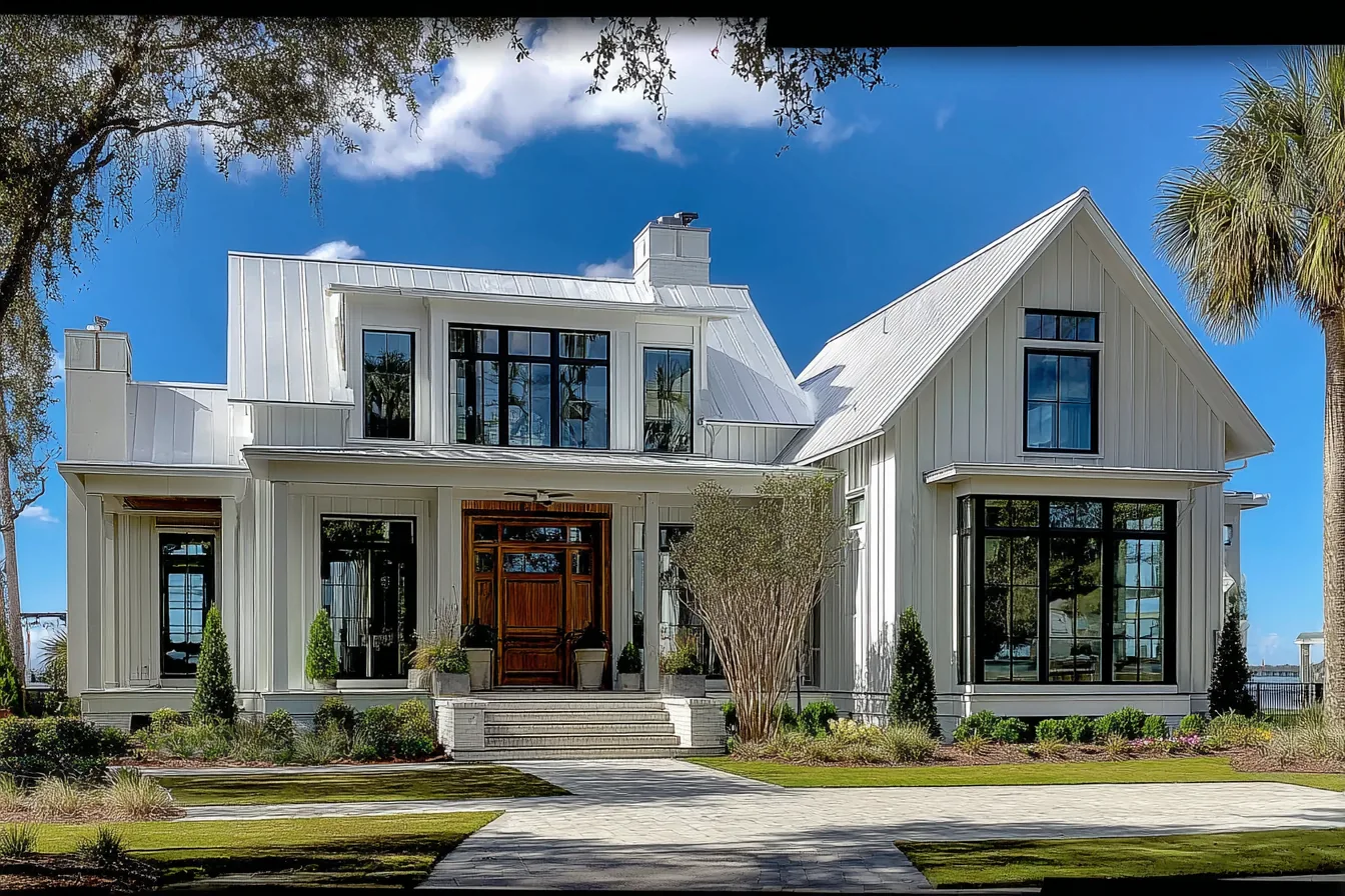 Photorealistic rendering of a Daniel Allen Designs coastal custom home in Alpharetta, Georgia — white board-and-batten, standing-seam metal roof, mahogany double door, and palms with the water beyond