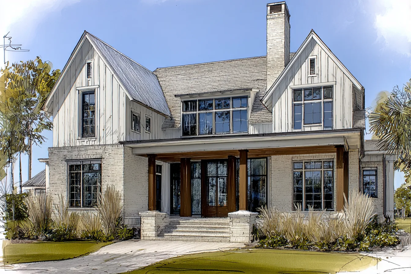 Concept study of a Daniel Allen Designs coastal custom home in Alpharetta, Georgia — wood porch columns on brick pedestals with raised brick stoop and dune grasses