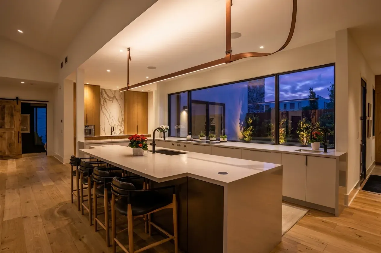 Daniel Allen Designs contemporary kitchen with wide island, marble accent, and barn door in Buckhead, Georgia