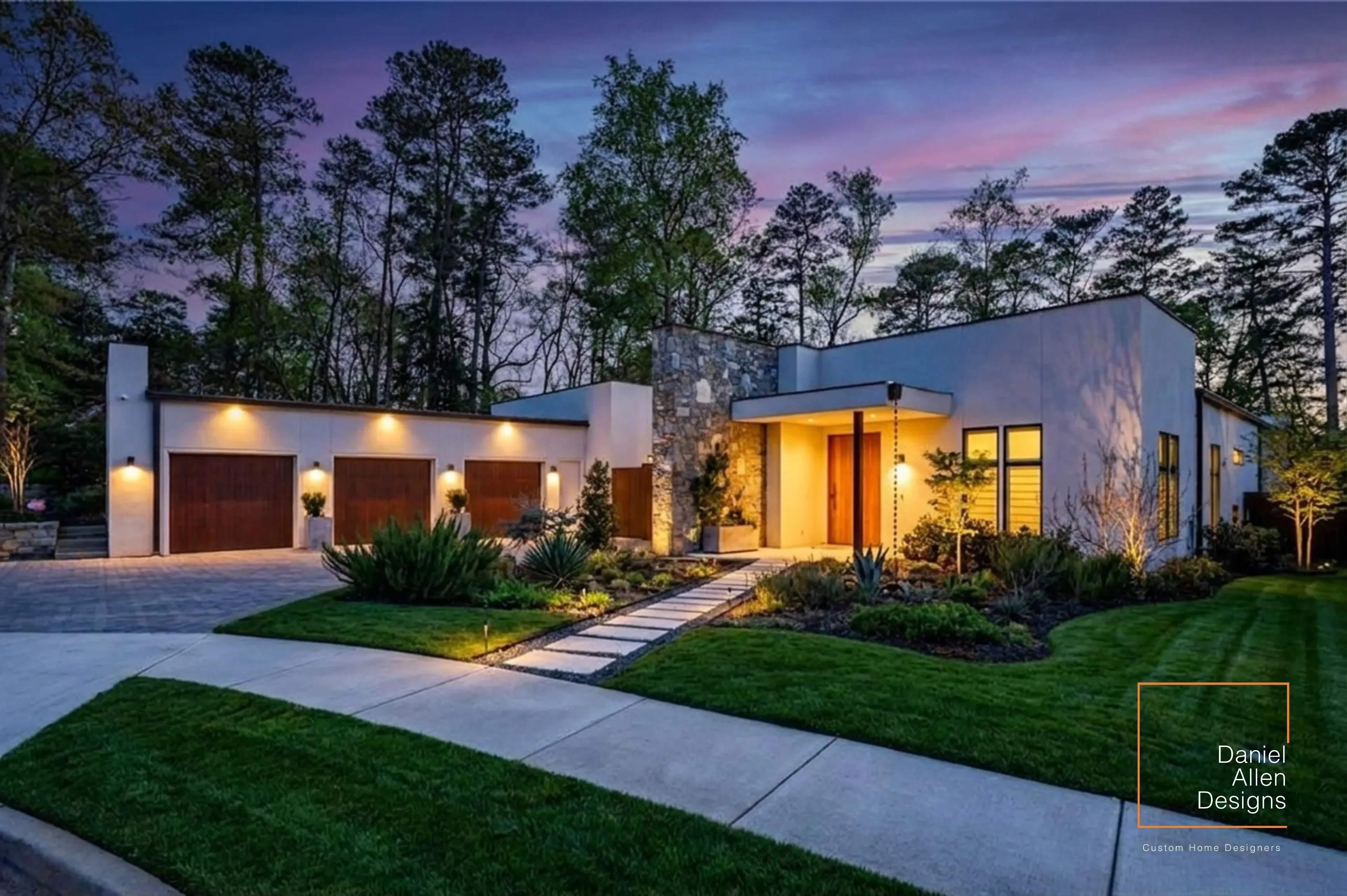 Daniel Allen Designs contemporary stucco home with charcoal accents, elevated deck, pool, and arborvitae landscaping in Buckhead, Georgia