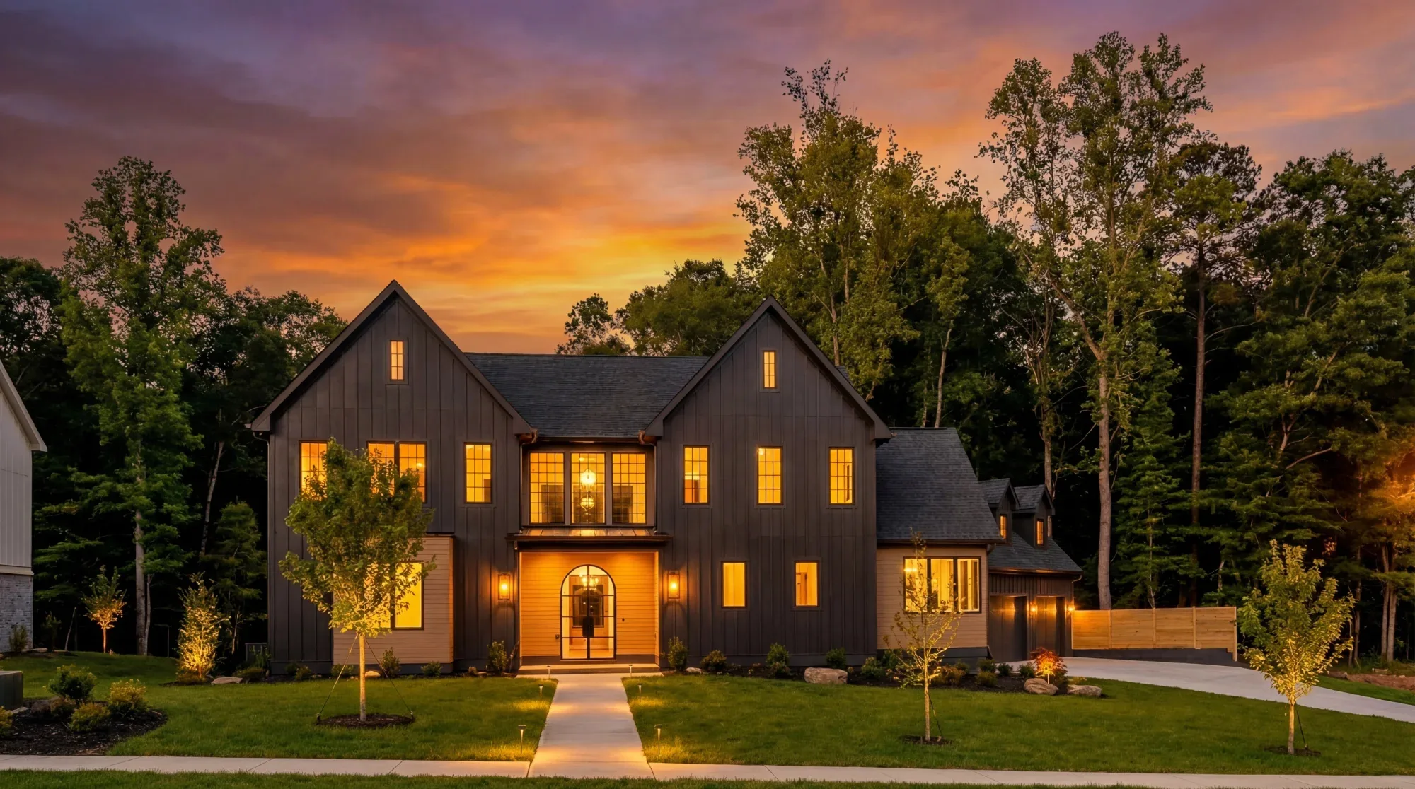 Dark contemporary farmhouse with board and batten and arched entry by Daniel Allen Designs in Alpharetta, Georgia
