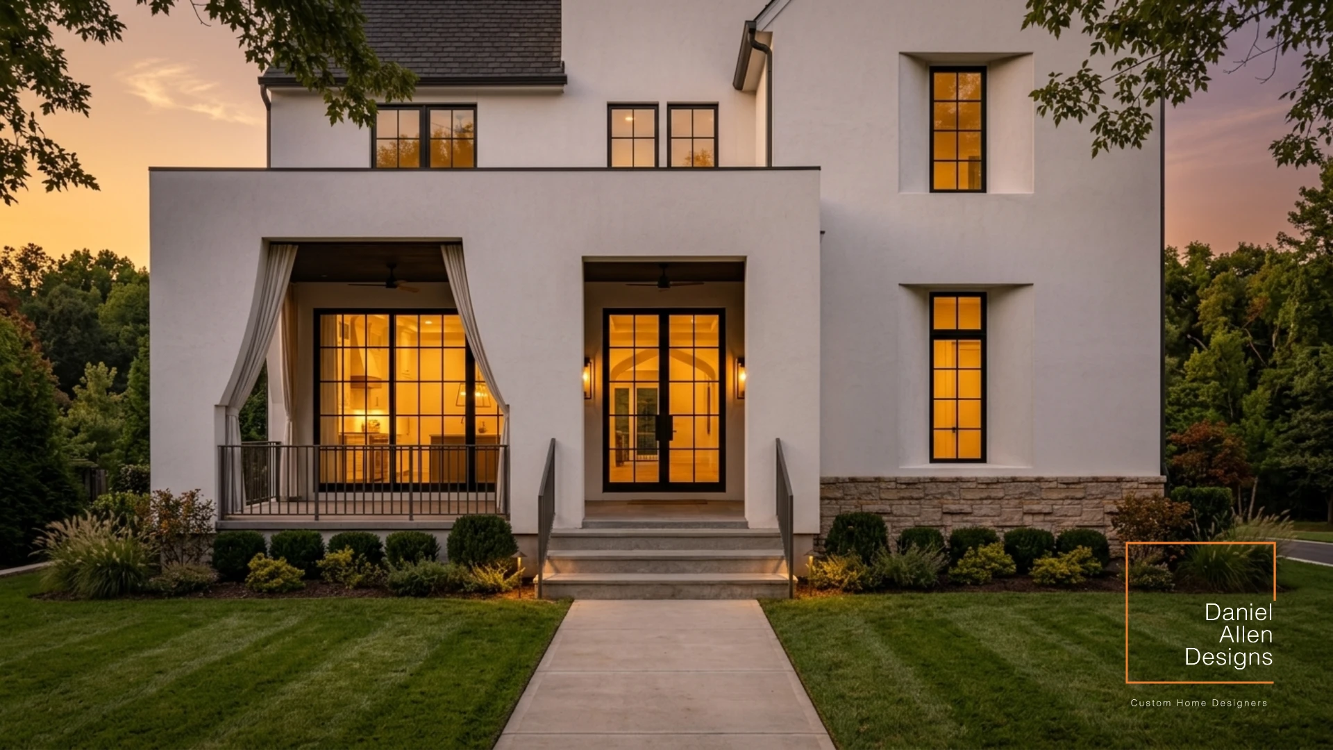 Entry detail with curtains — Virginia Highland House by Daniel Allen Designs Daniel Allen Designs custom home entry detail — European stucco with curtained porch and warm lighting, Virginia-Highland, Atlanta, Georgia