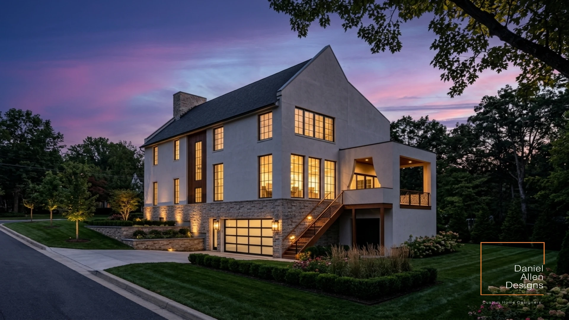 Glass garage at dusk — Virginia Highland House by Daniel Allen Designs Daniel Allen Designs custom home glass garage at dusk — European stucco with landscape lighting, Virginia-Highland, Atlanta, Georgia