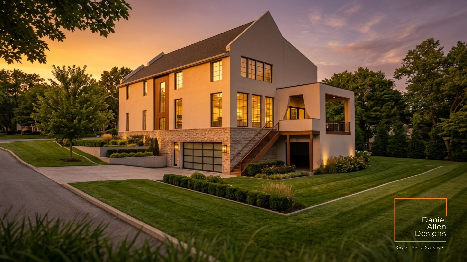 Glass garage elevation at sunset — Virginia Highland House by Daniel Allen Designs Daniel Allen Designs custom home glass garage and side elevation at sunset — European stucco with stone accents, Virginia-Highland, Atlanta, Georgia