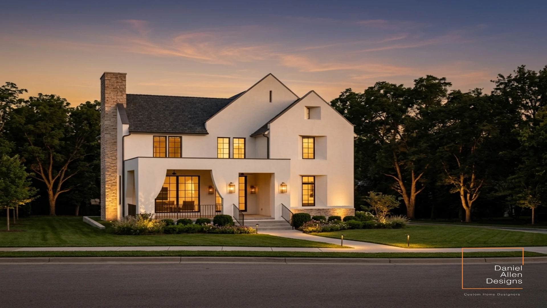Front porch at dusk — Virginia Highland House by Daniel Allen Designs Daniel Allen Designs custom home front porch at dusk — European stucco with warm interior lighting, Virginia-Highland, Atlanta, Georgia