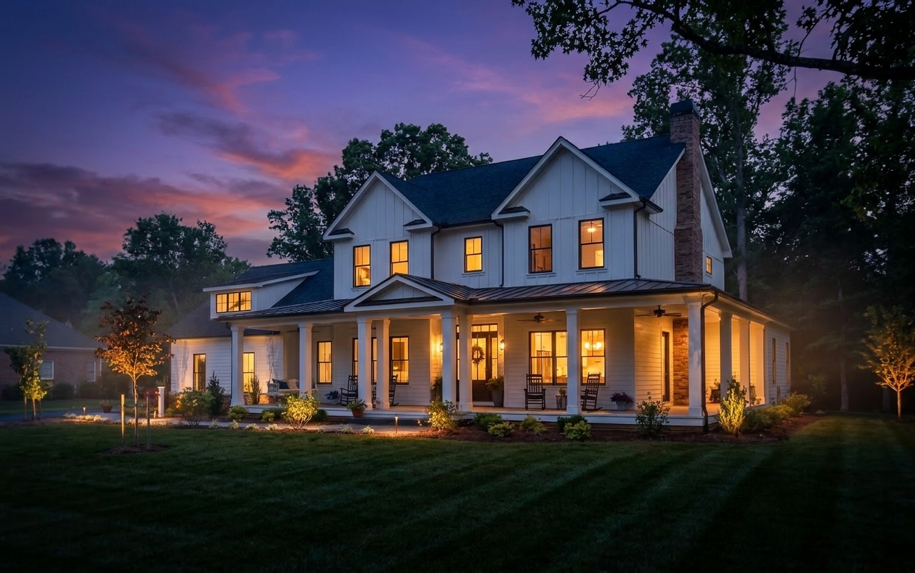 Daniel Allen Designs modern farmhouse custom home in Milton, Georgia — angled twilight view showing white board-and-batten siding, covered porch with rocking chairs and columns