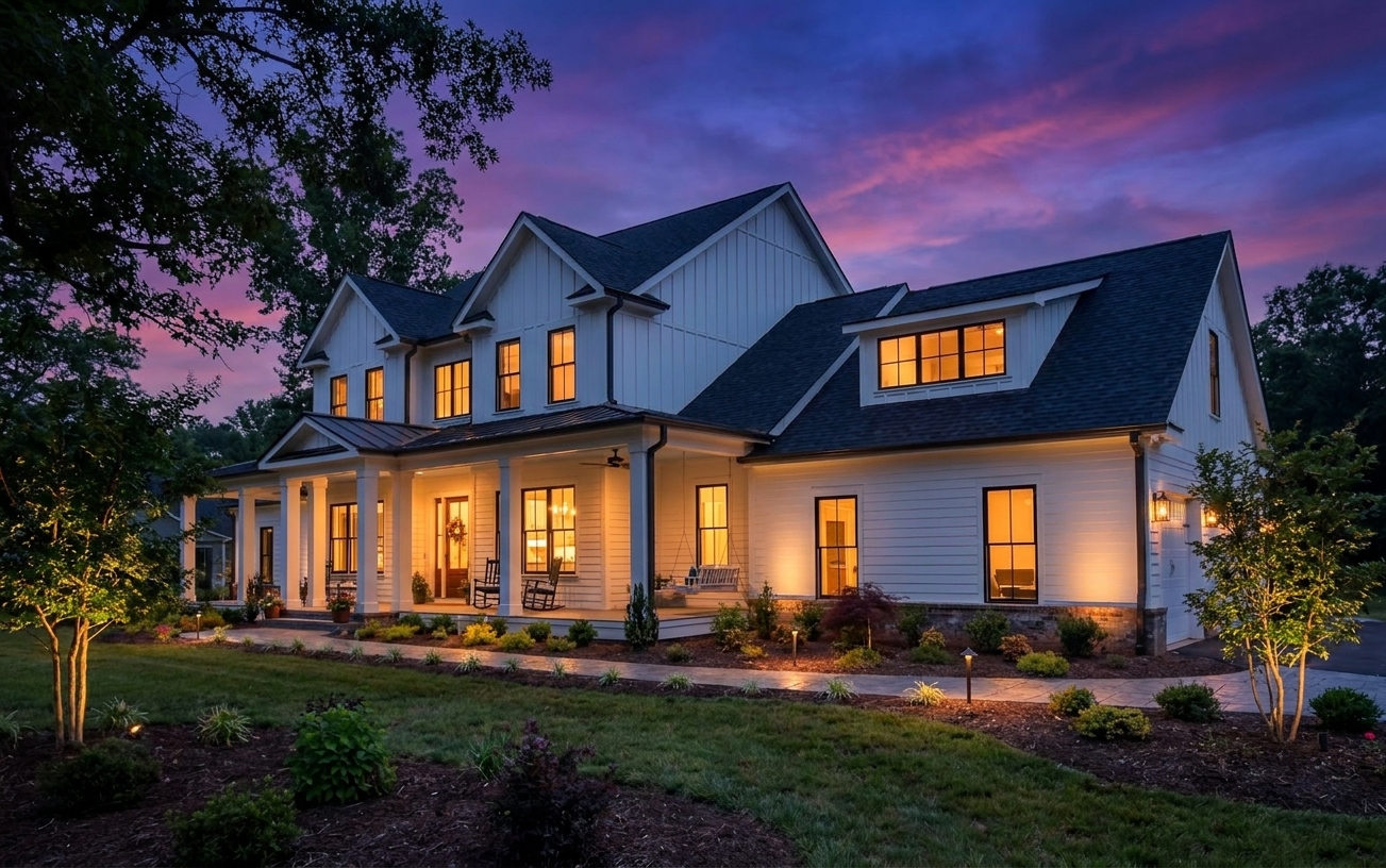 Daniel Allen Designs modern farmhouse custom home in Milton, Georgia — three-quarter view showing white board-and-batten siding, garage wing, covered porch, and purple dusk sky