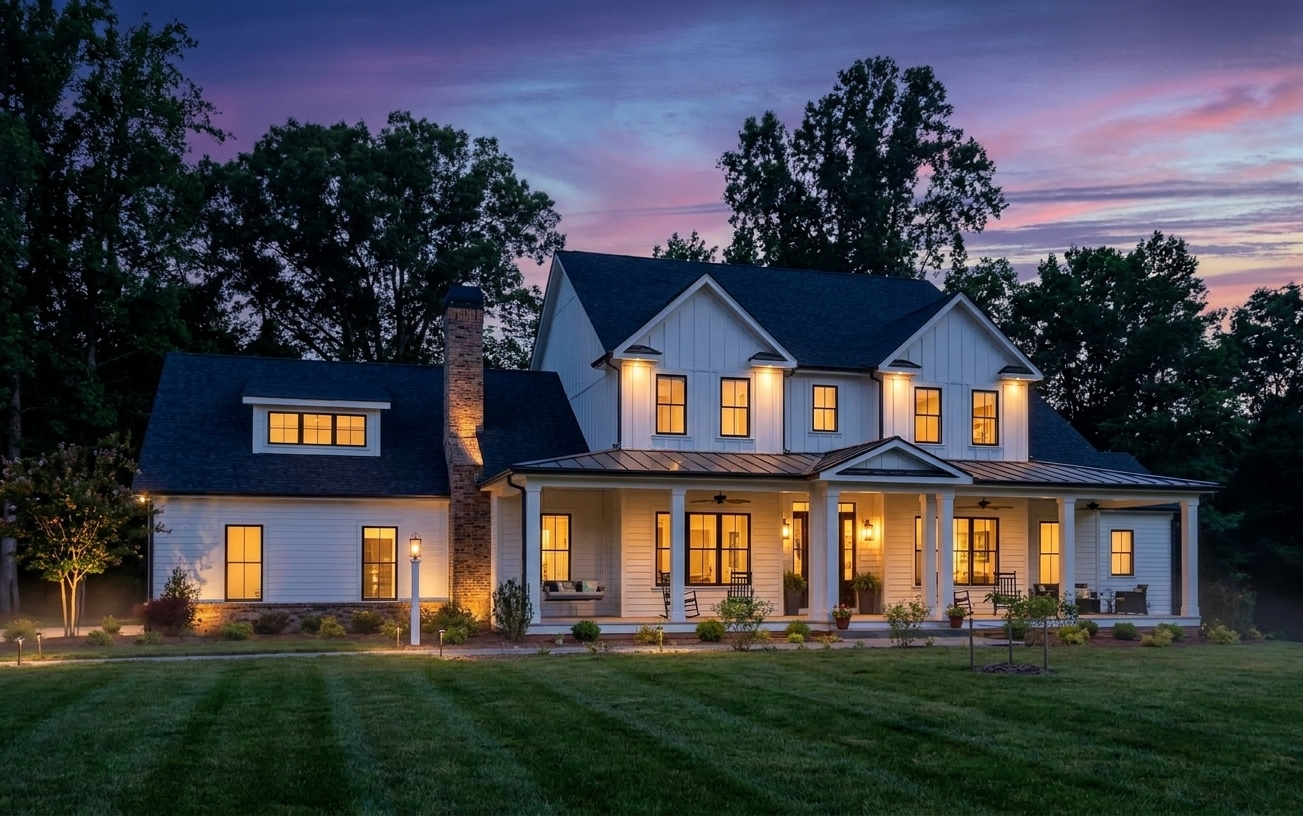 Daniel Allen Designs modern farmhouse custom home in Milton, Georgia — white board-and-batten siding, covered porch with columns, brick chimney, and dormer windows at twilight