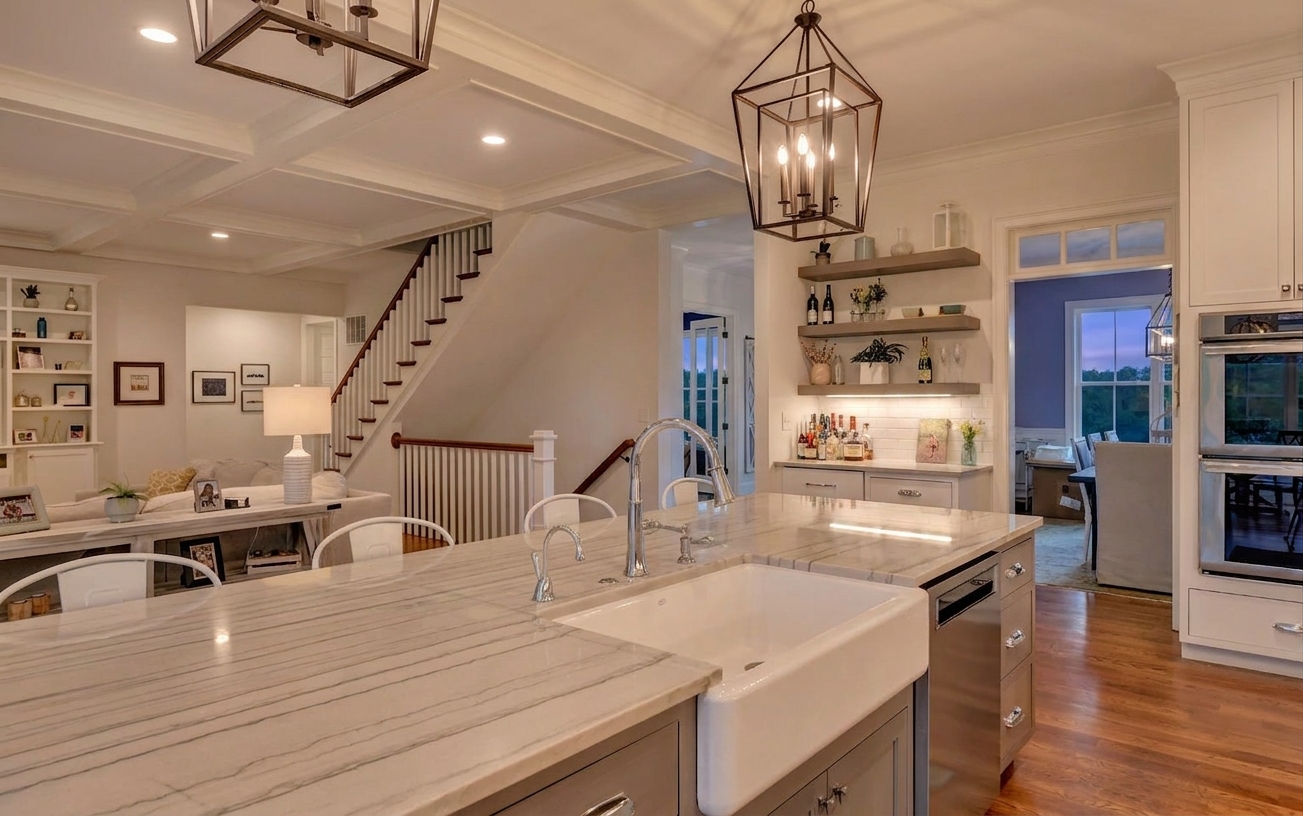 Daniel Allen Designs farmhouse kitchen in Milton, Georgia — quartz island with farmhouse sink, floating wood bar shelves, black lantern pendants, and open staircase visible through great room