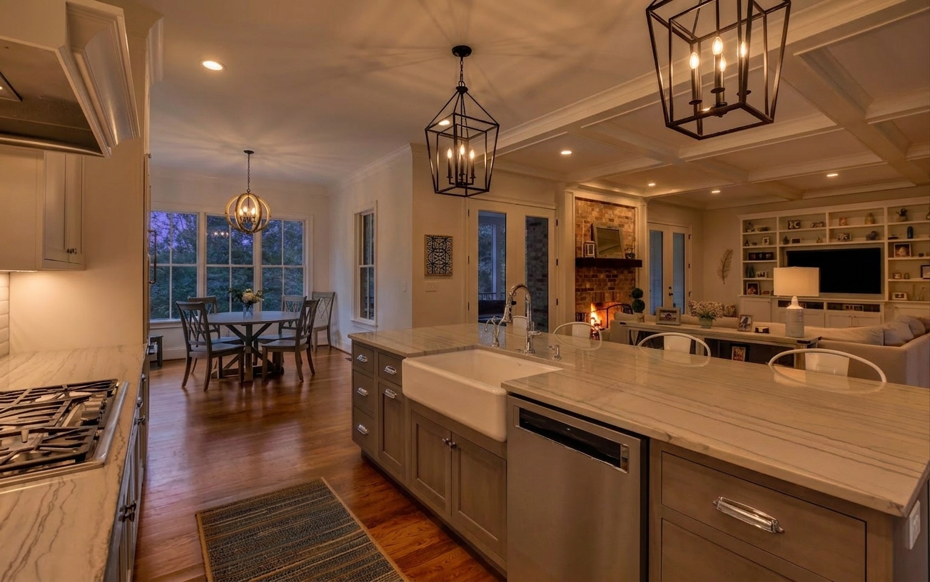 Daniel Allen Designs farmhouse kitchen and great room in Milton, Georgia — quartz island with farmhouse sink, coffered ceiling, black lantern pendants, and brick fireplace glowing at dusk
