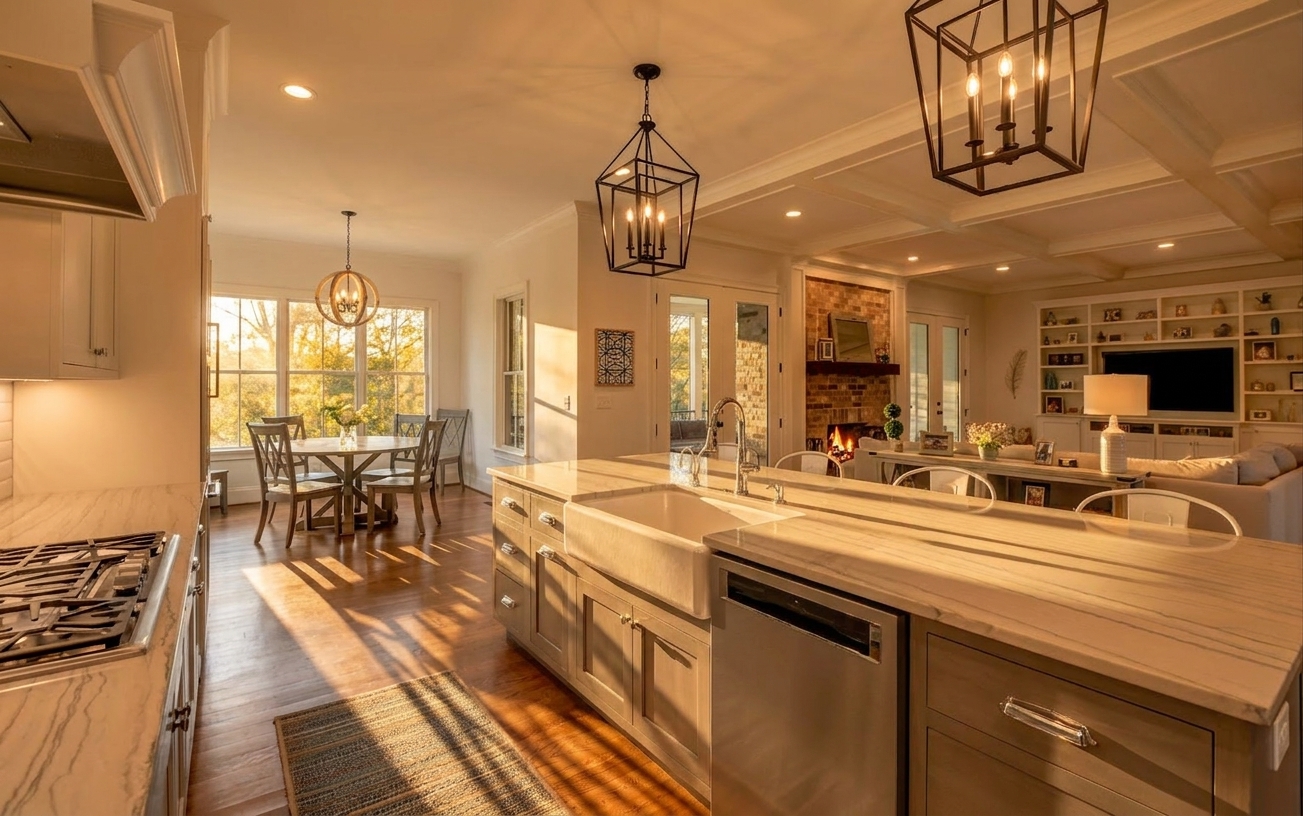 Daniel Allen Designs farmhouse kitchen and great room in Milton, Georgia — quartz island with farmhouse sink, coffered ceiling, black lantern pendants, brick fireplace, and golden hour light