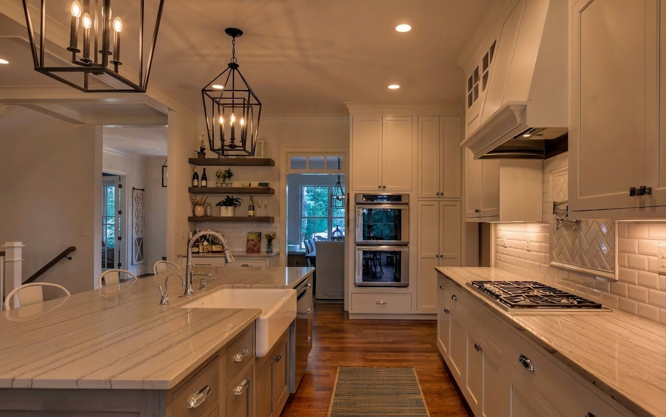 Daniel Allen Designs farmhouse kitchen in Milton, Georgia — white shaker cabinetry, herringbone tile backsplash, double wall ovens, gas range, and floating wood shelves