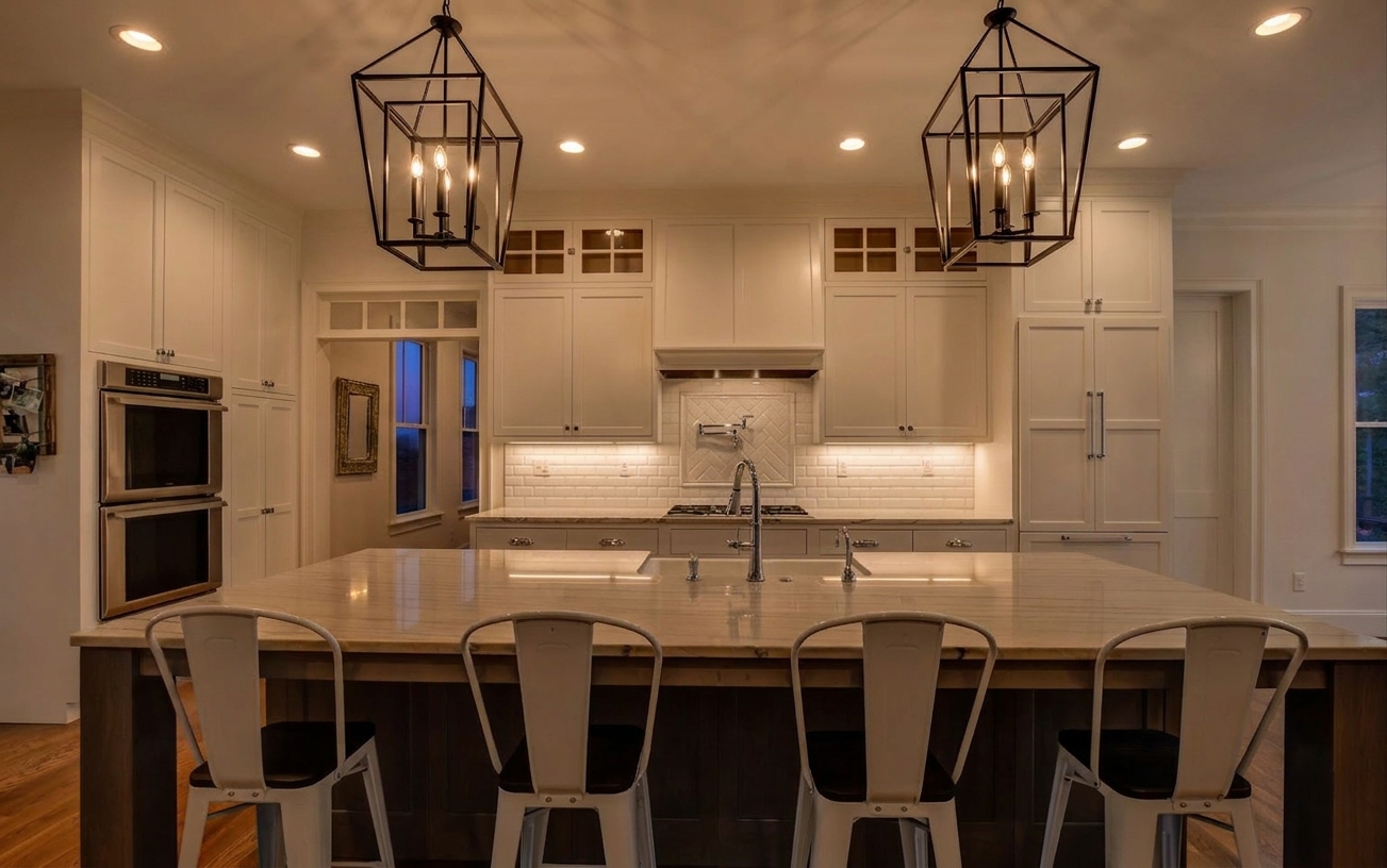 Daniel Allen Designs farmhouse kitchen island in Milton, Georgia — wide wood-base island with quartz top, white metal bar stools, black cage lantern pendants, and herringbone tile backsplash