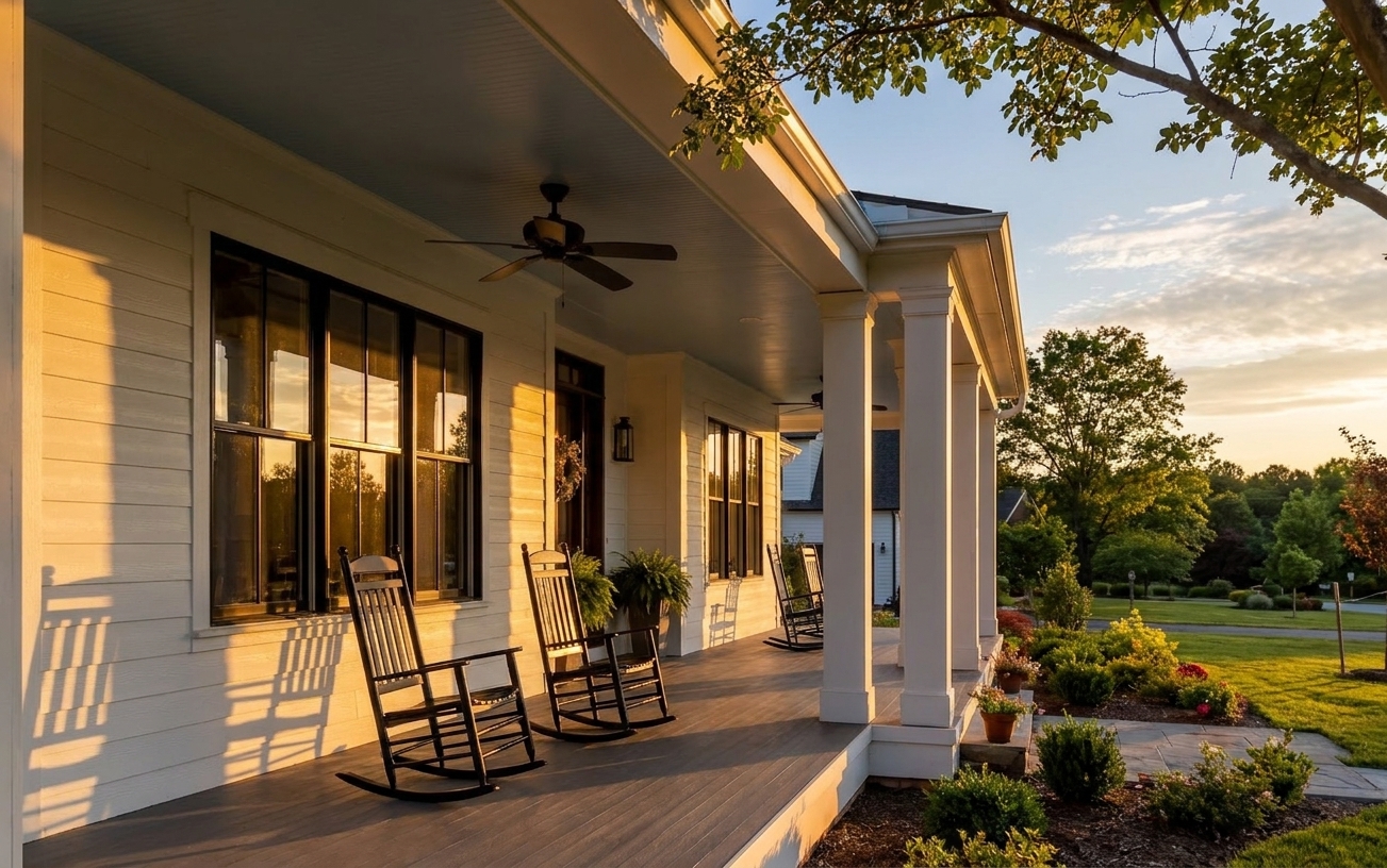 Daniel Allen Designs modern farmhouse covered porch in Milton, Georgia — black rocking chairs, white columns, board-and-batten siding, and ceiling fan at golden hour