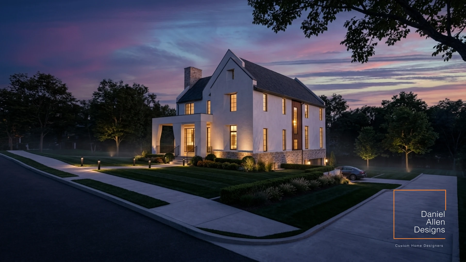 Daniel Allen Designs custom home in Virginia-Highland, Atlanta, Georgia — European stucco corner elevation at dusk with landscape lighting and stone base