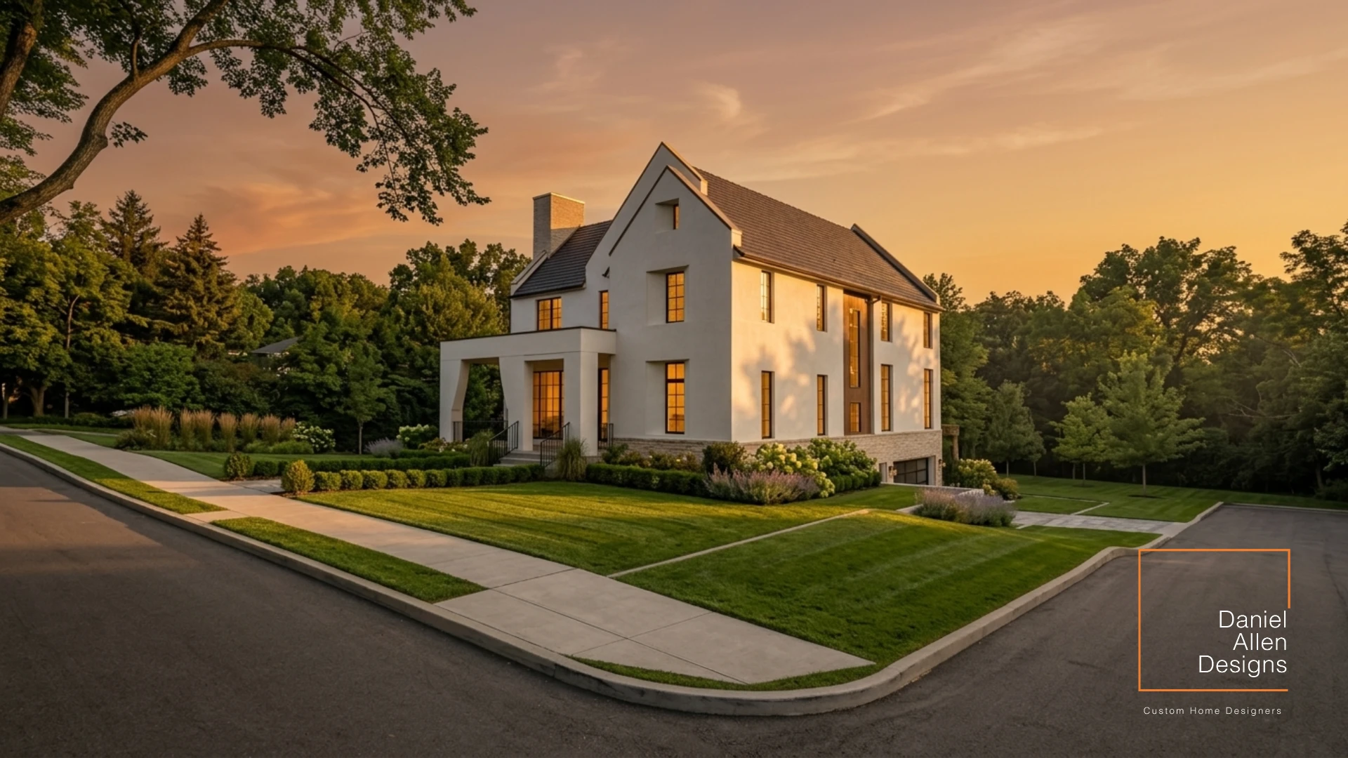Gable elevation at sunset — Virginia Highland House by Daniel Allen Designs Daniel Allen Designs custom home gable and side elevation at sunset — white stucco with stone base, Virginia-Highland, Atlanta, Georgia