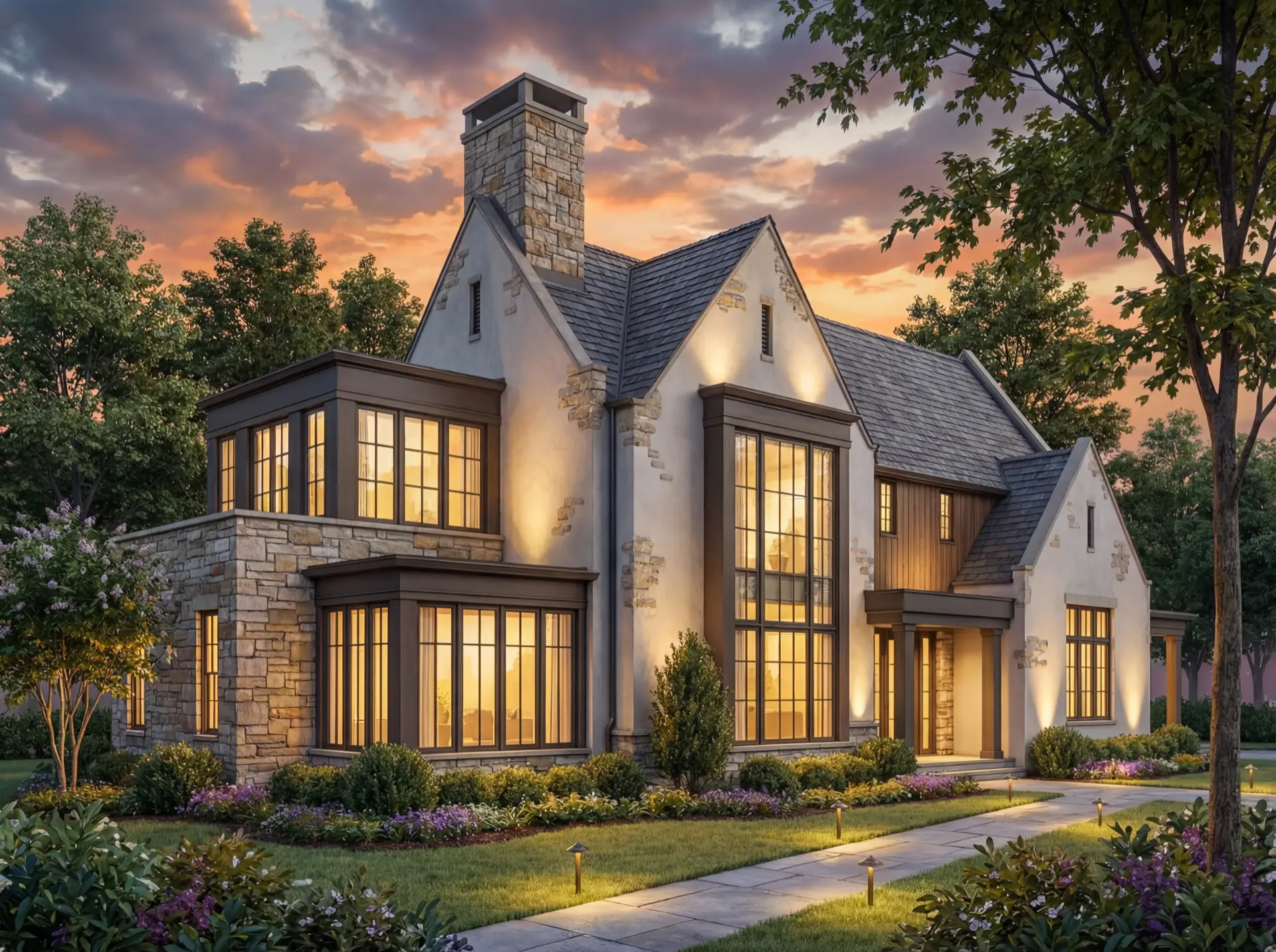 Daniel Allen Designs transitional custom home in Morningside, Georgia — natural stone and stucco facade with refined proportions on a tree-lined intown lot