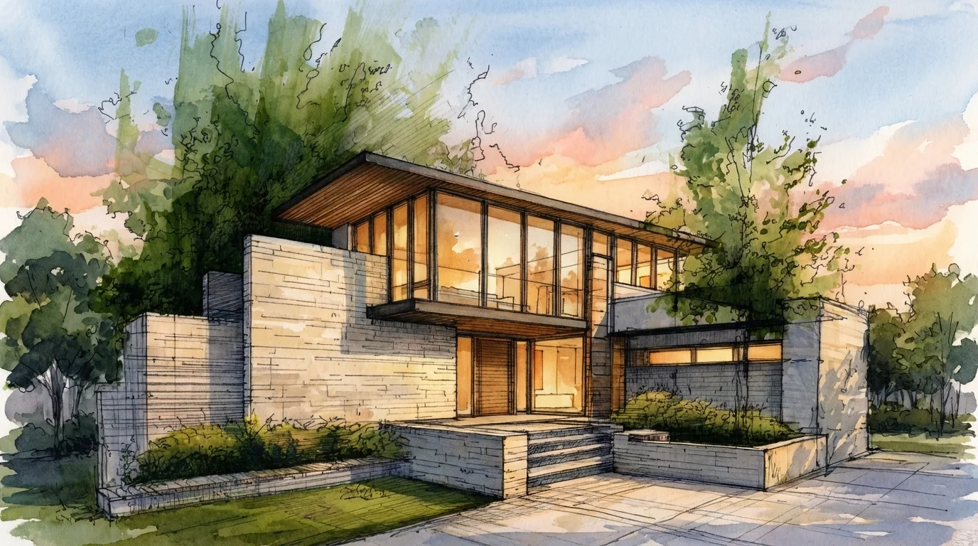 Modern architecture with stone facade at sunset in Atlanta