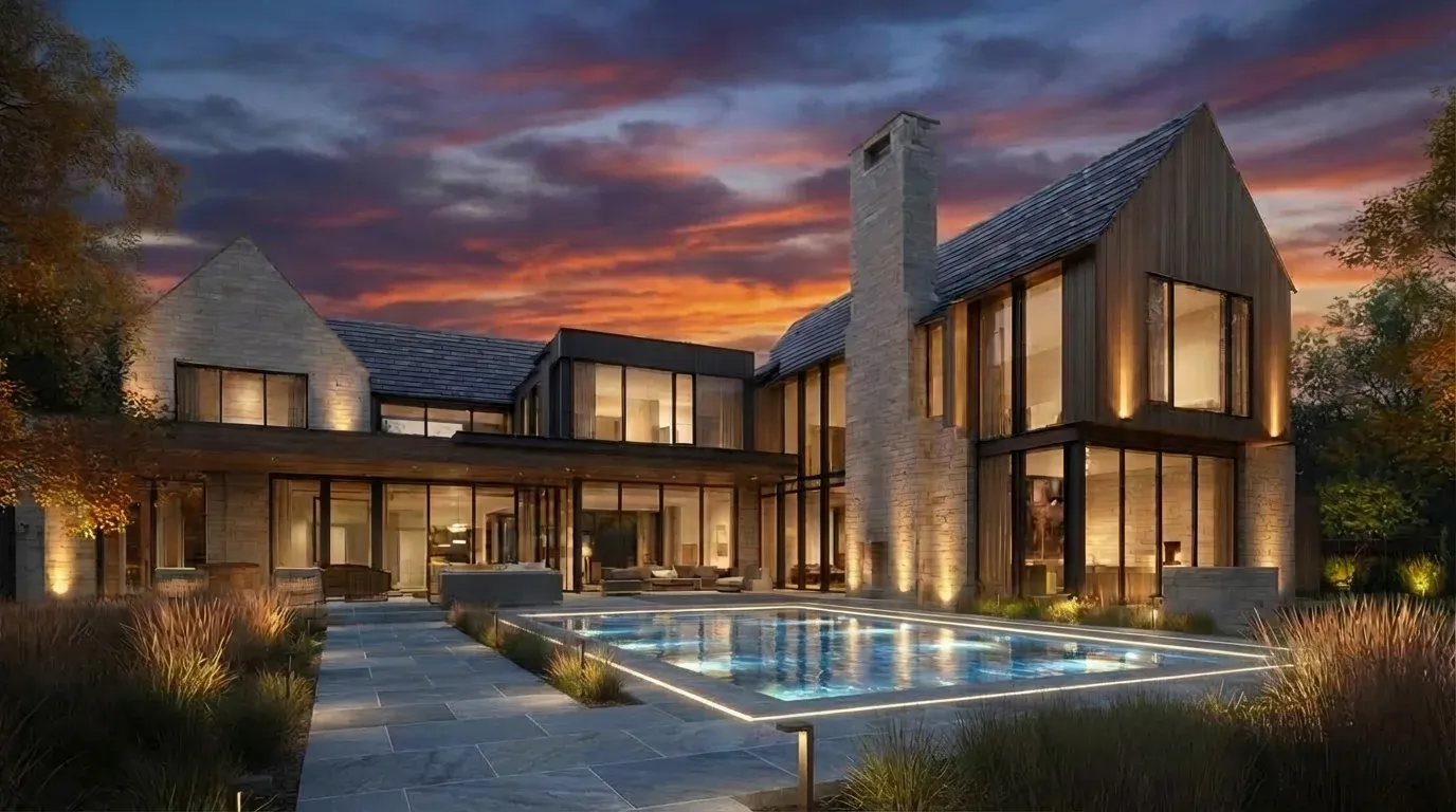 Daniel Allen Designs custom pool home in Milton, Georgia — modern pool deck with permeable bluestone pavers and integrated landscaping