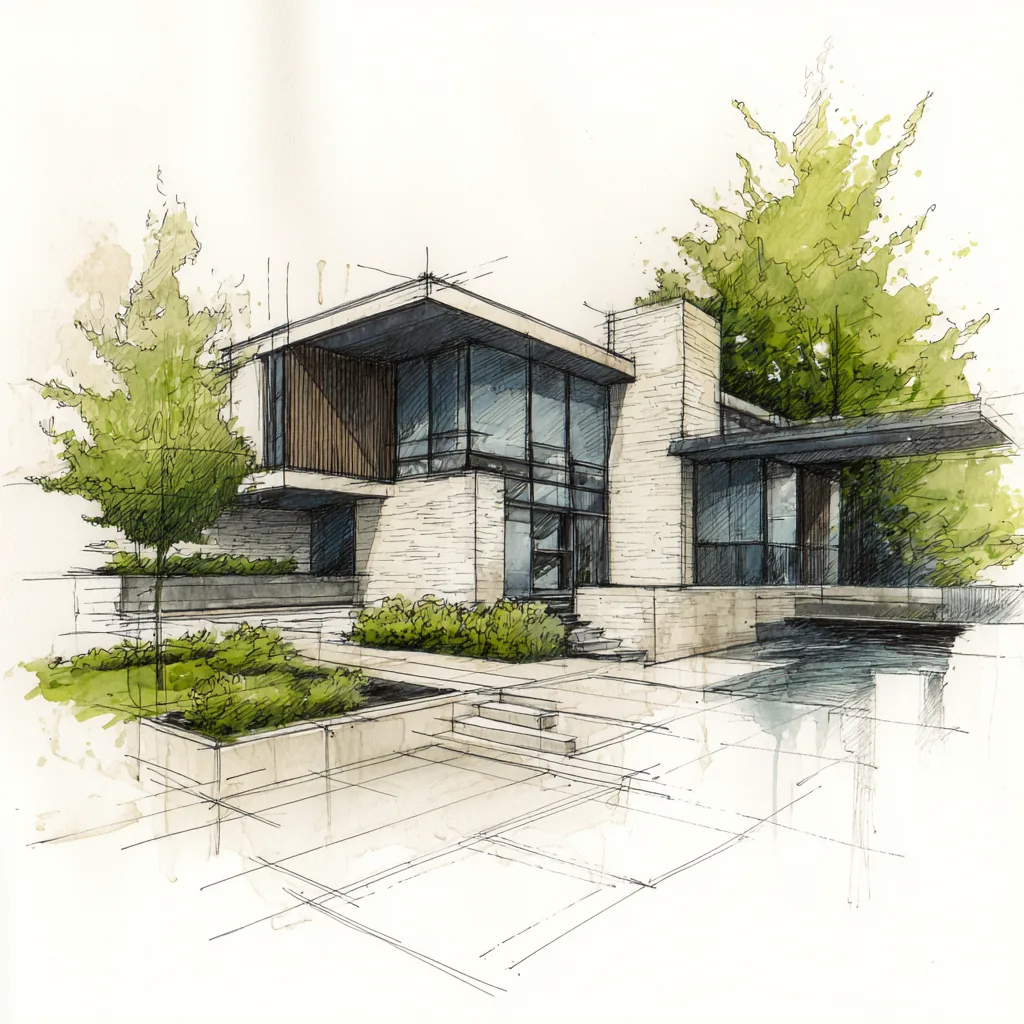 Concept sketch of a Daniel Allen Designs modern custom home in Buckhead, Georgia — low glass pavilion cantilevered over a stone base with a deep flat roof