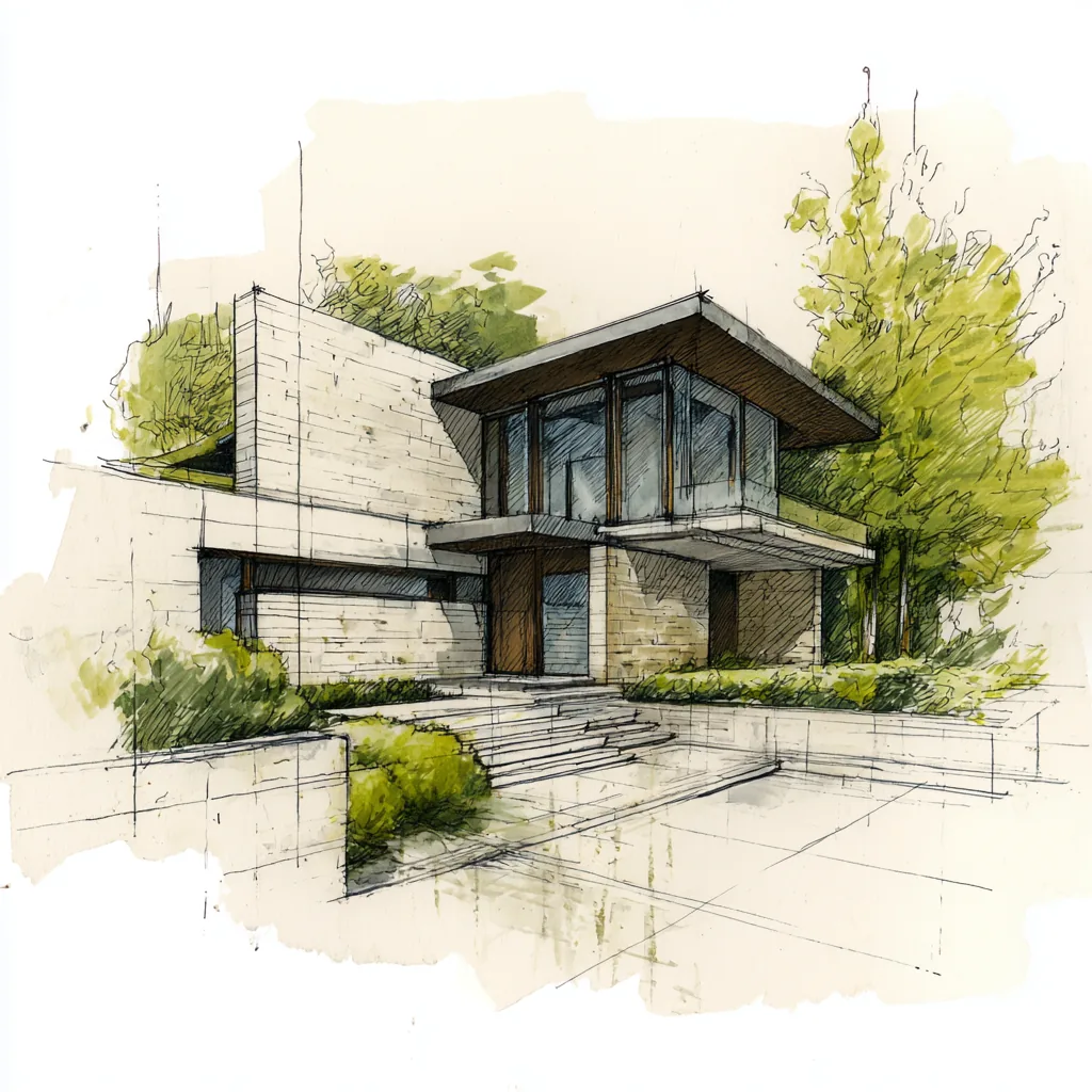 Concept sketch of a Daniel Allen Designs modern custom home in Buckhead, Georgia — angled stone wall, cantilevered entry canopy, and glazed upper story