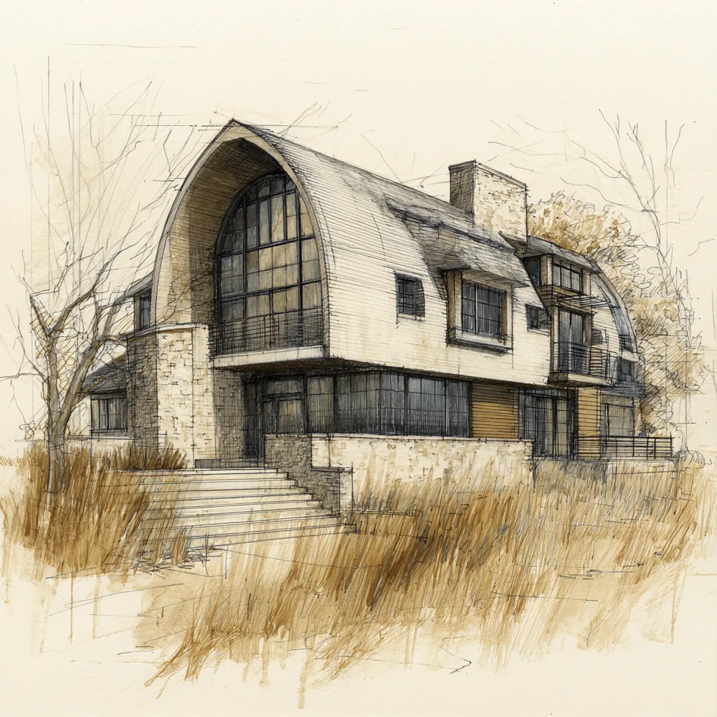 Concept sketch of a Daniel Allen Designs modern barnhouse custom home in Milton, Georgia — round-arched glazed gable end, stone piers, and shed dormers