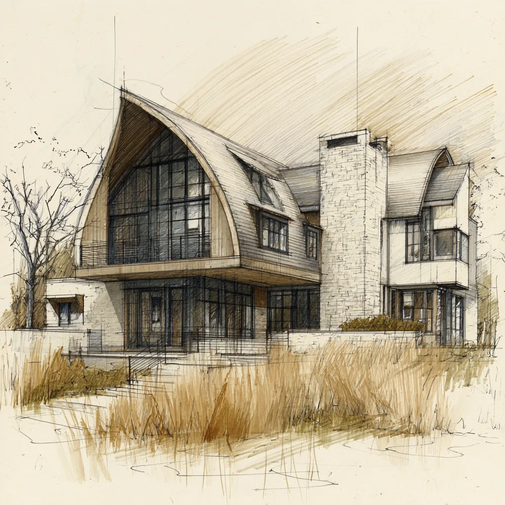 Concept sketch of a Daniel Allen Designs modern barnhouse custom home in Milton, Georgia — curved gambrel roof, cantilevered glazed loft, and stone chimney