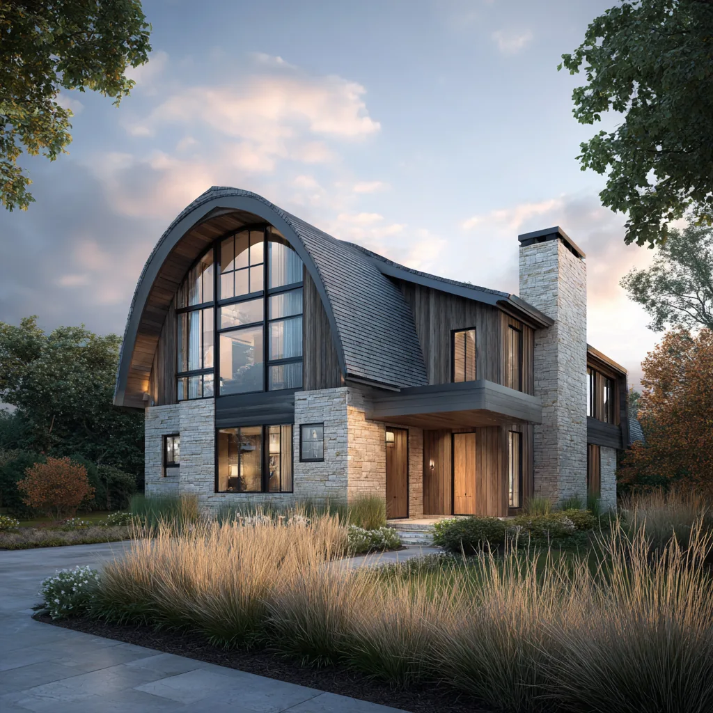 Rendering of a Daniel Allen Designs modern barnhouse custom home in Milton, Georgia — curved gambrel roof, arched glass gable end, stone chimney, and wood siding at dusk