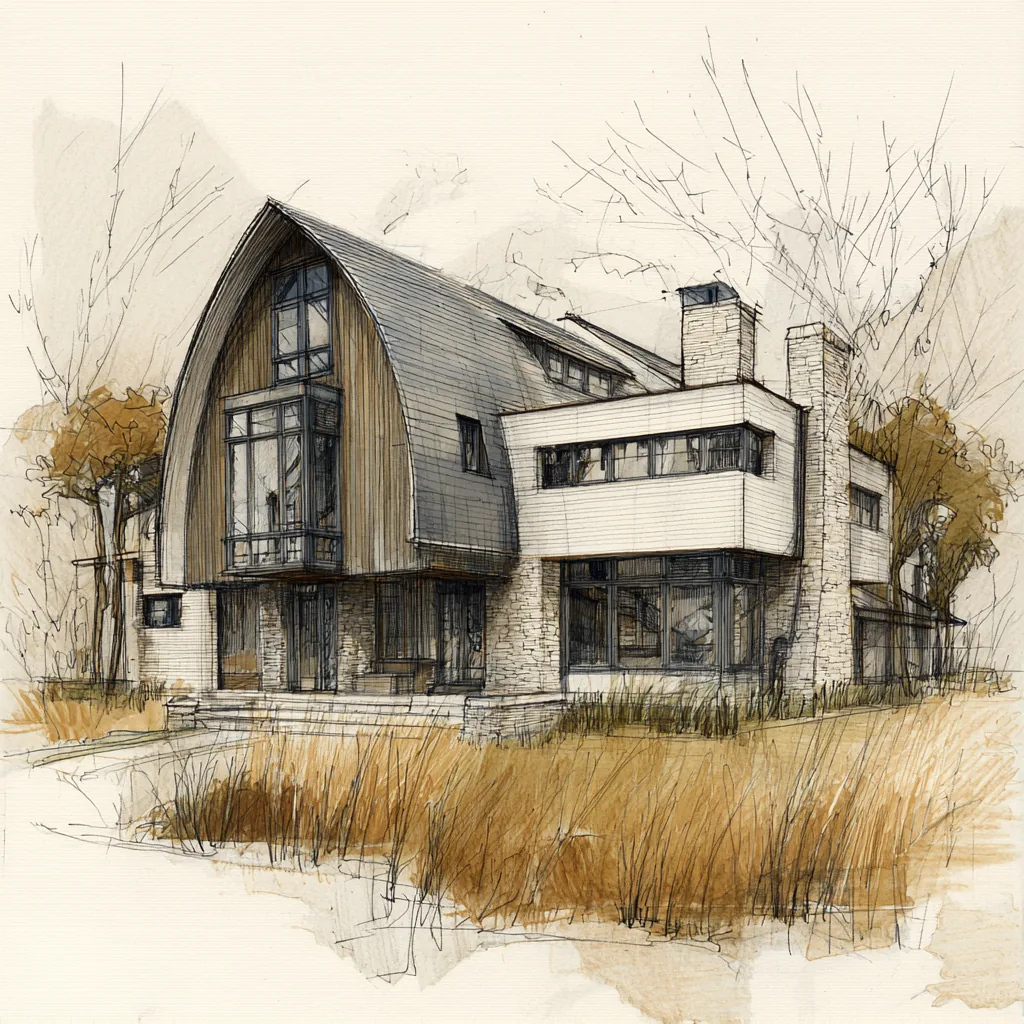 Concept sketch of a Daniel Allen Designs modern barnhouse custom home in Milton, Georgia — rounded gambrel roof, projecting glass bay, and white lap-sided wing