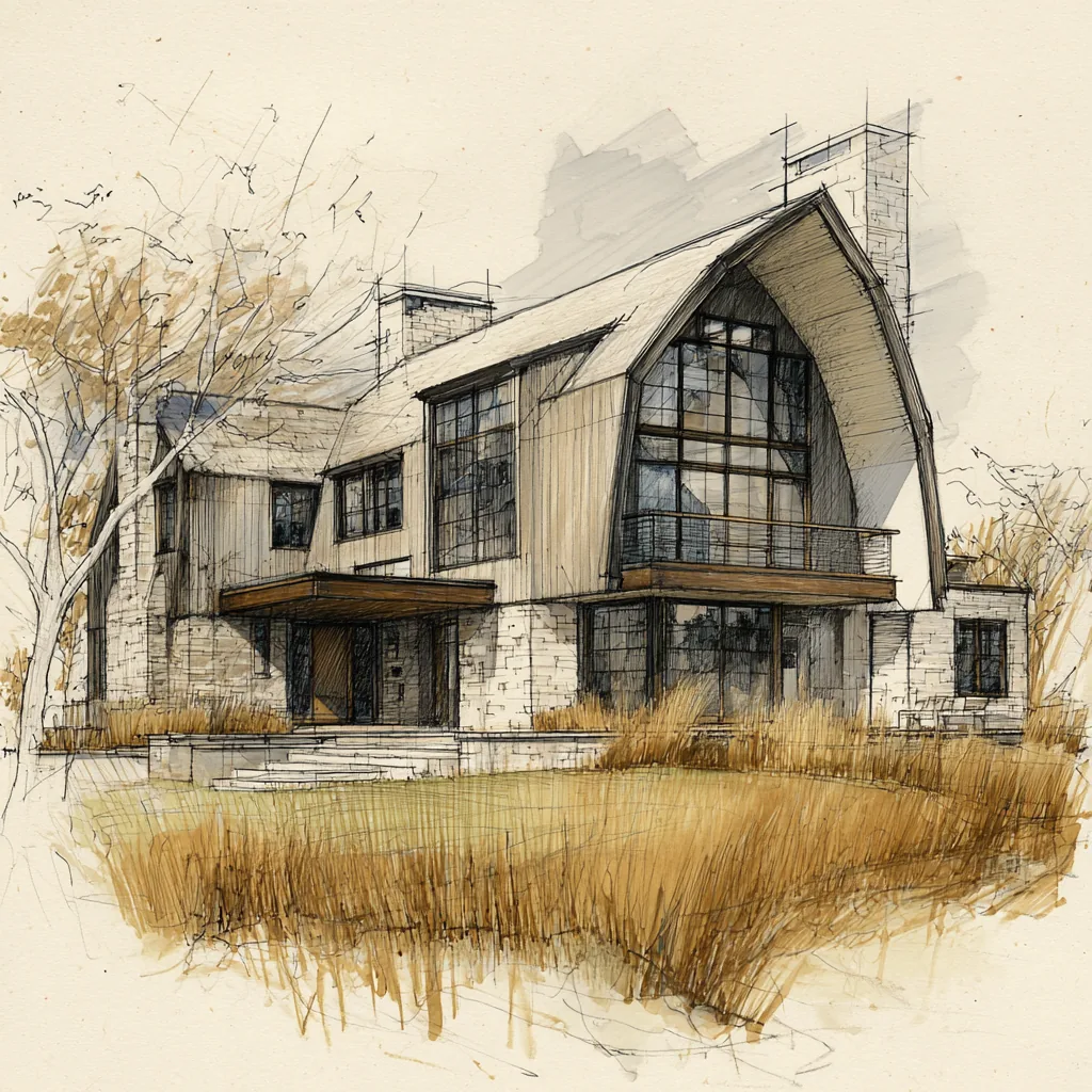 Concept sketch of a Daniel Allen Designs modern barnhouse custom home in Milton, Georgia — glazed gable end with recessed balcony and entry canopy