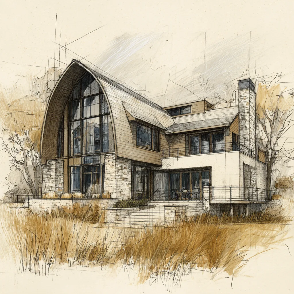 Concept sketch of a Daniel Allen Designs modern barnhouse custom home in Milton, Georgia — pointed Gothic-arch roof profile, stone base, and walkout terrace