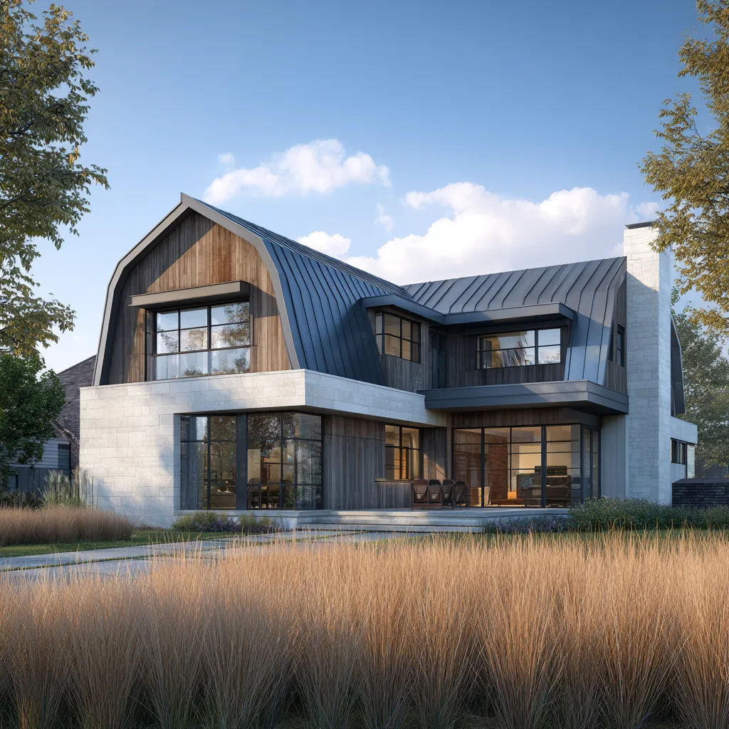 Rendering of a Daniel Allen Designs modern barnhouse custom home in Milton, Georgia — standing-seam metal gambrel roof, vertical wood siding, and white stone base