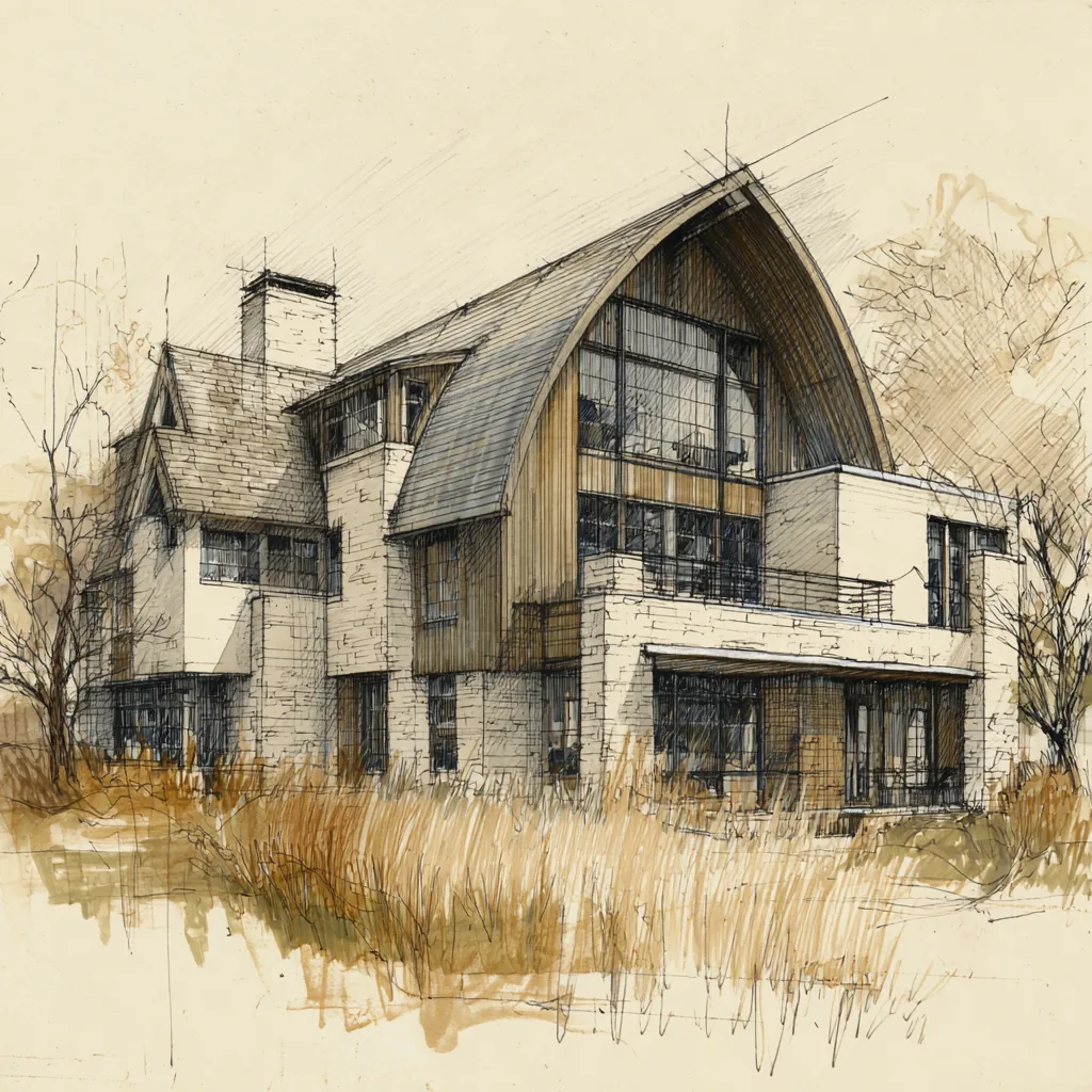 Concept sketch of a Daniel Allen Designs modern barnhouse custom home in Milton, Georgia — curved gambrel loft over stone tower with shingle-style gabled wing