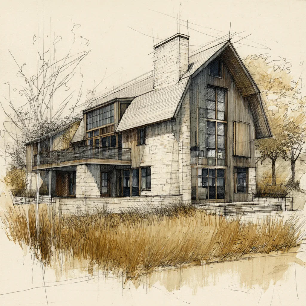 Concept sketch of a Daniel Allen Designs modern barnhouse custom home in Milton, Georgia — steep broken-pitch roof, vertical wood siding, and full-height gable glazing
