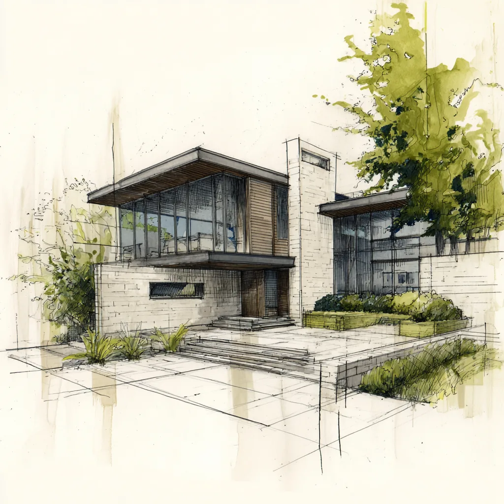 Concept sketch of a Daniel Allen Designs modern custom home in Buckhead, Georgia — glass-wrapped upper volume, stone chimney mass, and ribbon window