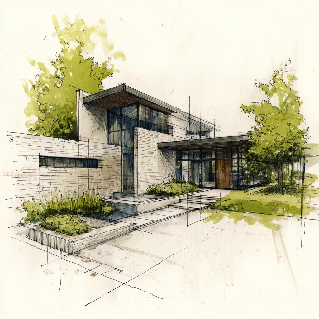 Concept sketch of a Daniel Allen Designs modern custom home in Buckhead, Georgia — two-story glass corner, angled shed roof, and horizontal wood cladding