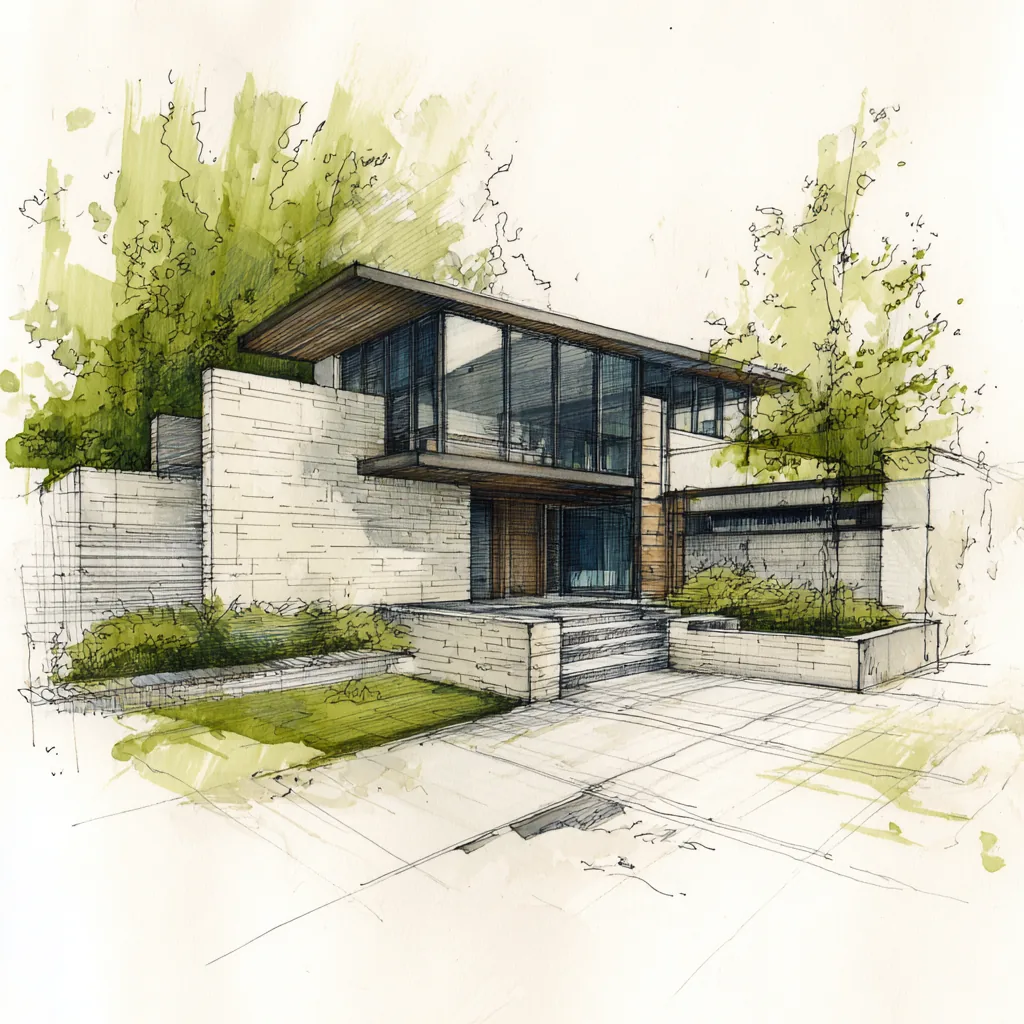 Concept sketch of a Daniel Allen Designs modern custom home in Buckhead, Georgia — cantilevered glass upper level, deep roof overhang, and linear stacked-stone walls